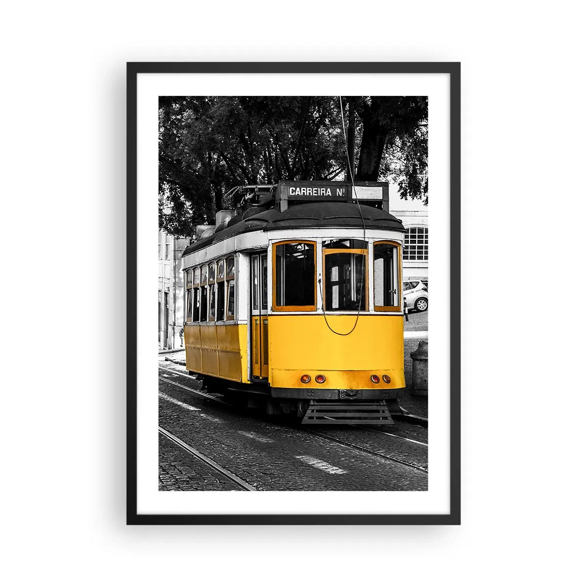 Poster in black frame - A yellow tram against a black and white urban backdrop - 50x70cm - With Fado in the Background - Modern wall decoration for the living room and bedroom ARTTOR