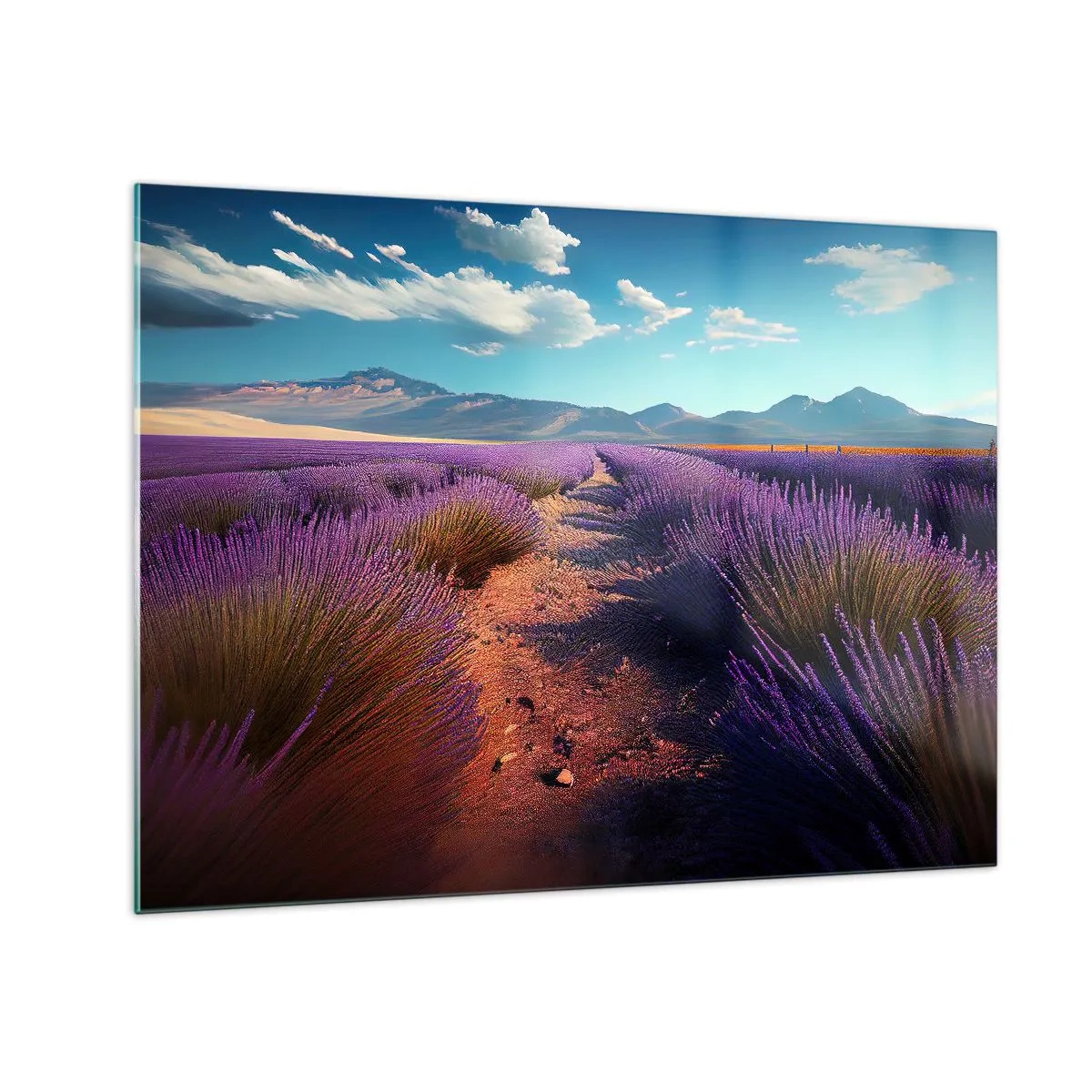 Glass picture - Lavender fields at sunset with a view of the mountains - 70x50cm - Fragrant Fields - Modern wall decoration for the living room and bedroom ARTTOR