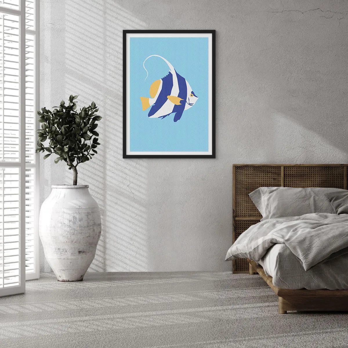 Poster in black frame - A minimalist graphic of an exotic fish on a blue background. - 50x70cm - Miss of Tropical Waters - Modern wall decoration for the living room and bedroom ARTTOR