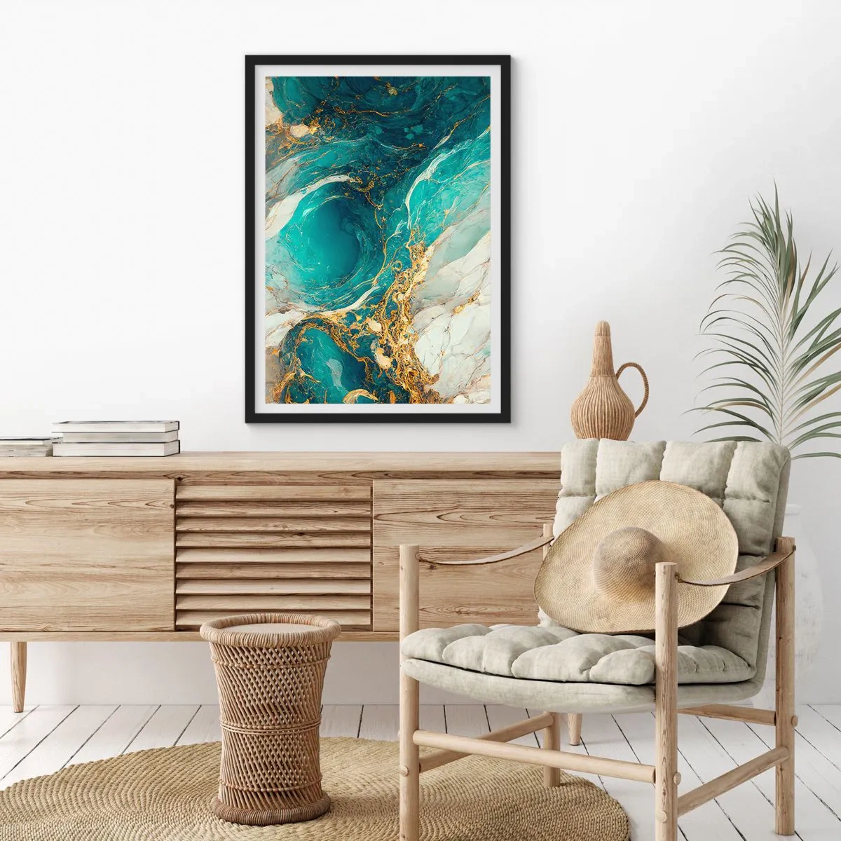 Poster in black frame - Turquoise abstraction with gold accents - 50x70cm - Composition with Veins of Gold - Modern wall decoration for the living room and bedroom ARTTOR