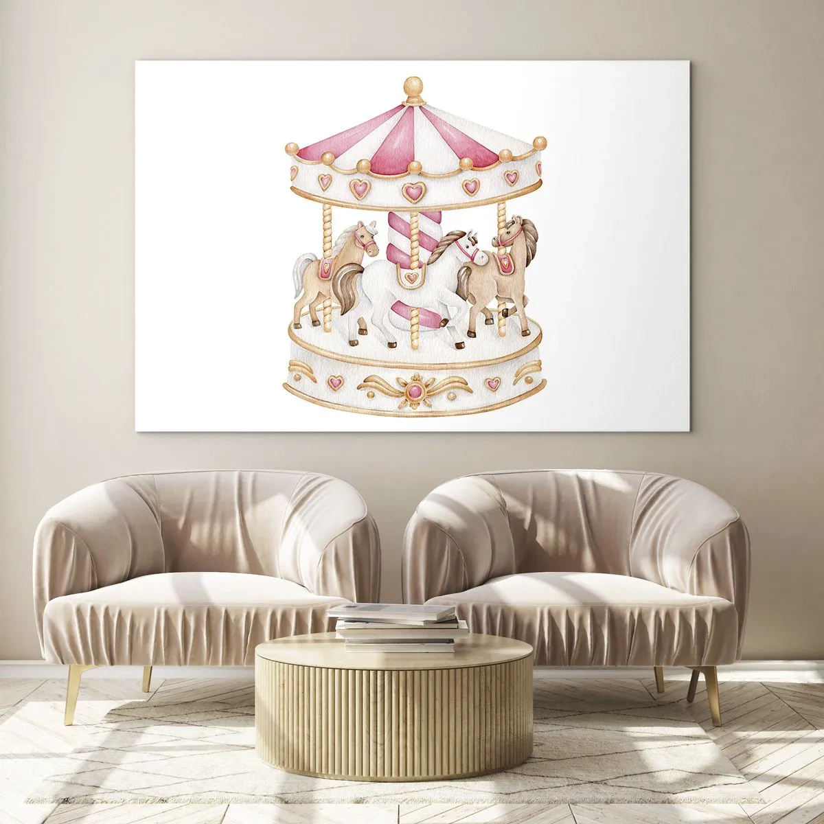 Glass picture - A pink carousel with children's-style horses on a white background - 70x50cm - Sweet World of Childhood - Modern wall decoration for the living room and bedroom ARTTOR