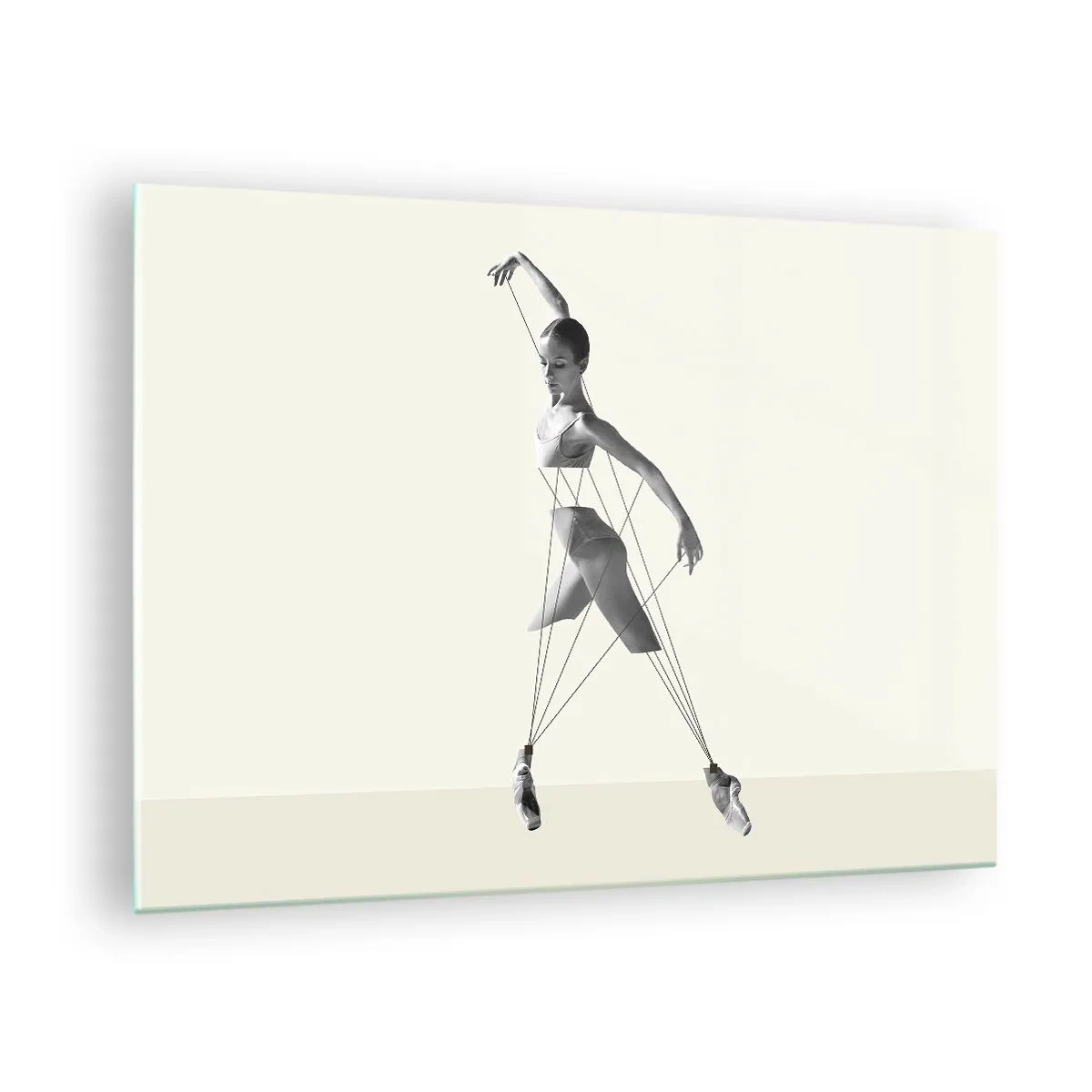 Glass picture - Black and white silhouette of a ballerina with a geometric line motif - 70x50cm - In the Theatre of the World - Modern wall decoration for the living room and bedroom ARTTOR