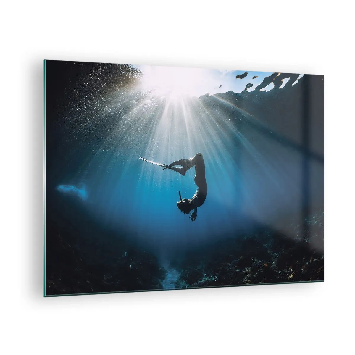 Glass picture - A diver moving underwater in the rays of light - 70x50cm - Underwater dance - Modern wall decoration for the living room and bedroom ARTTOR