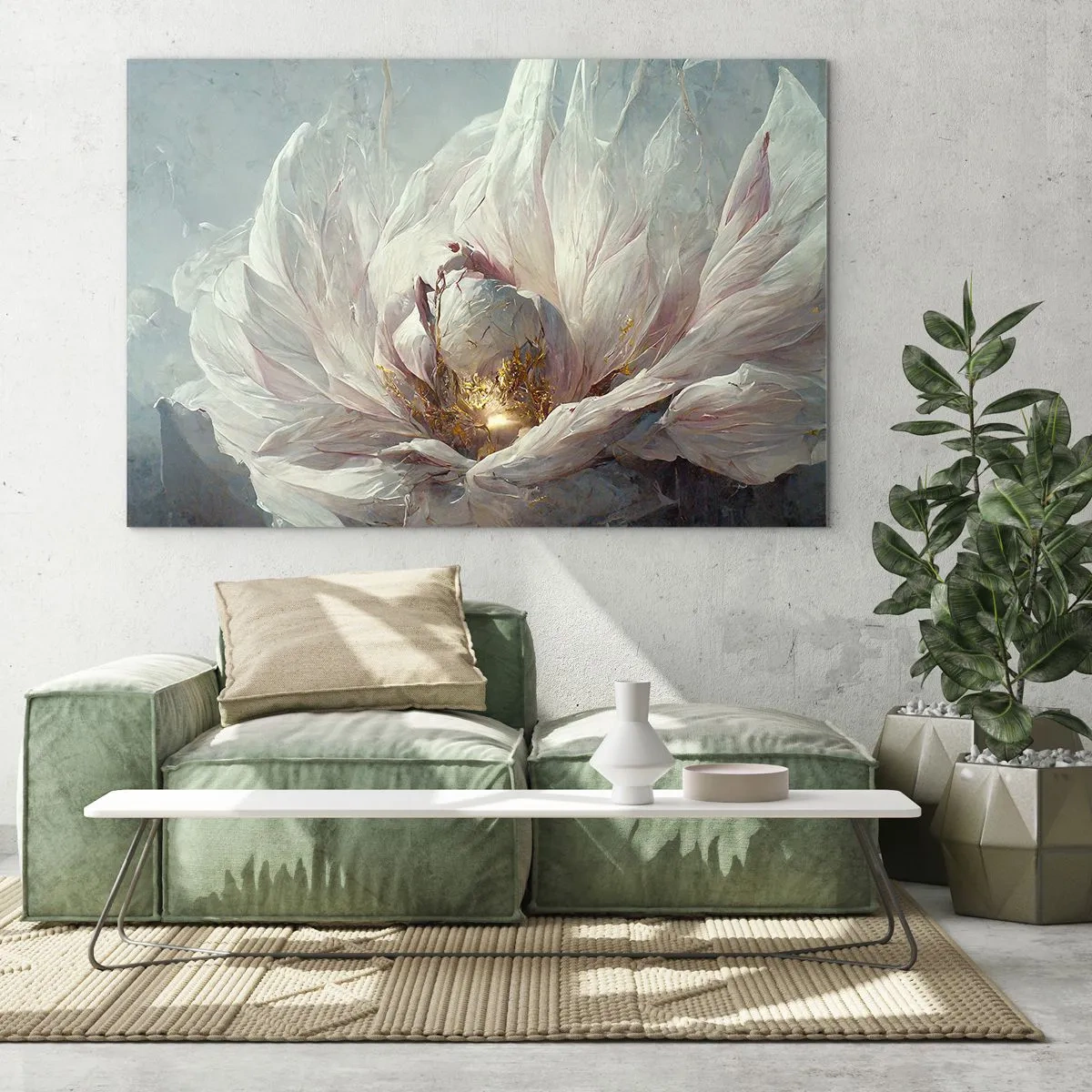 Glass picture - A blooming flower in delicate grays and gold - 70x50cm - It Blooms Once Every Hunderd Years - Modern wall decoration for the living room and bedroom ARTTOR