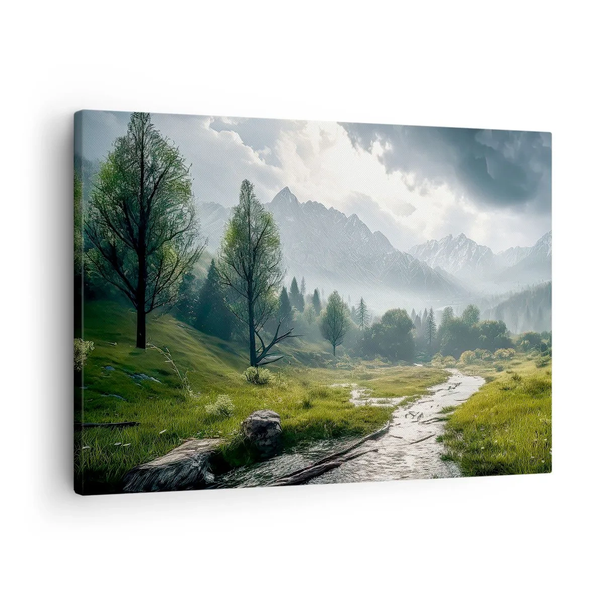 Canvas picture - A mountain landscape with a river and trees surrounded by misty mountains - 70x50cm - There And Back - Modern wall decoration for the living room and bedroom ARTTOR