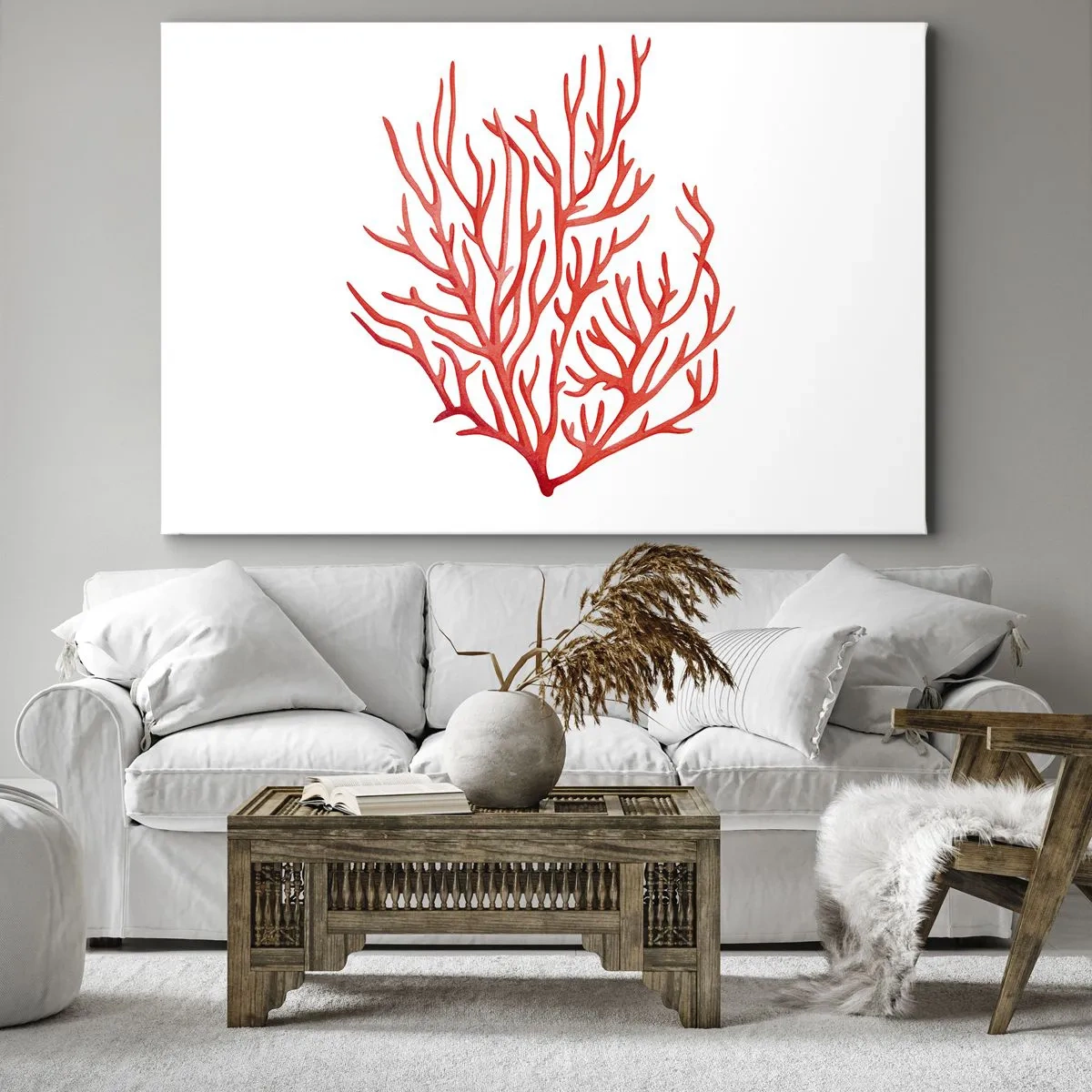 Canvas picture - Red coral on a white background in a minimalist style - 70x50cm - Coral Filigree - Modern wall decoration for the living room and bedroom ARTTOR