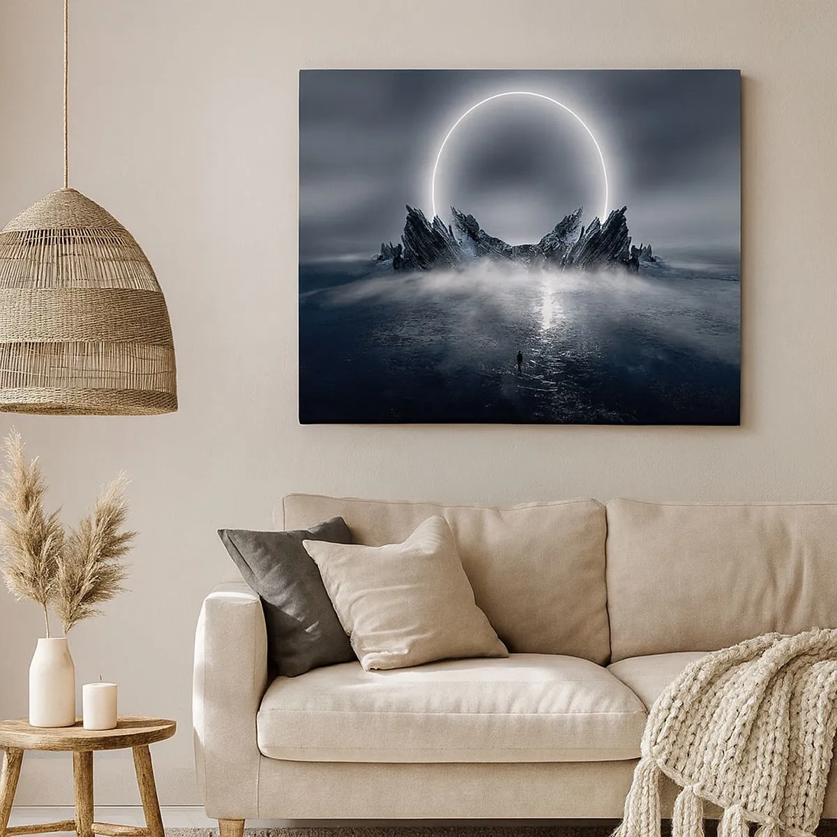 Canvas picture - Mysterious landscape with a ring of light over the mountains - 70x50cm - The End of a Story - Modern wall decoration for the living room and bedroom ARTTOR