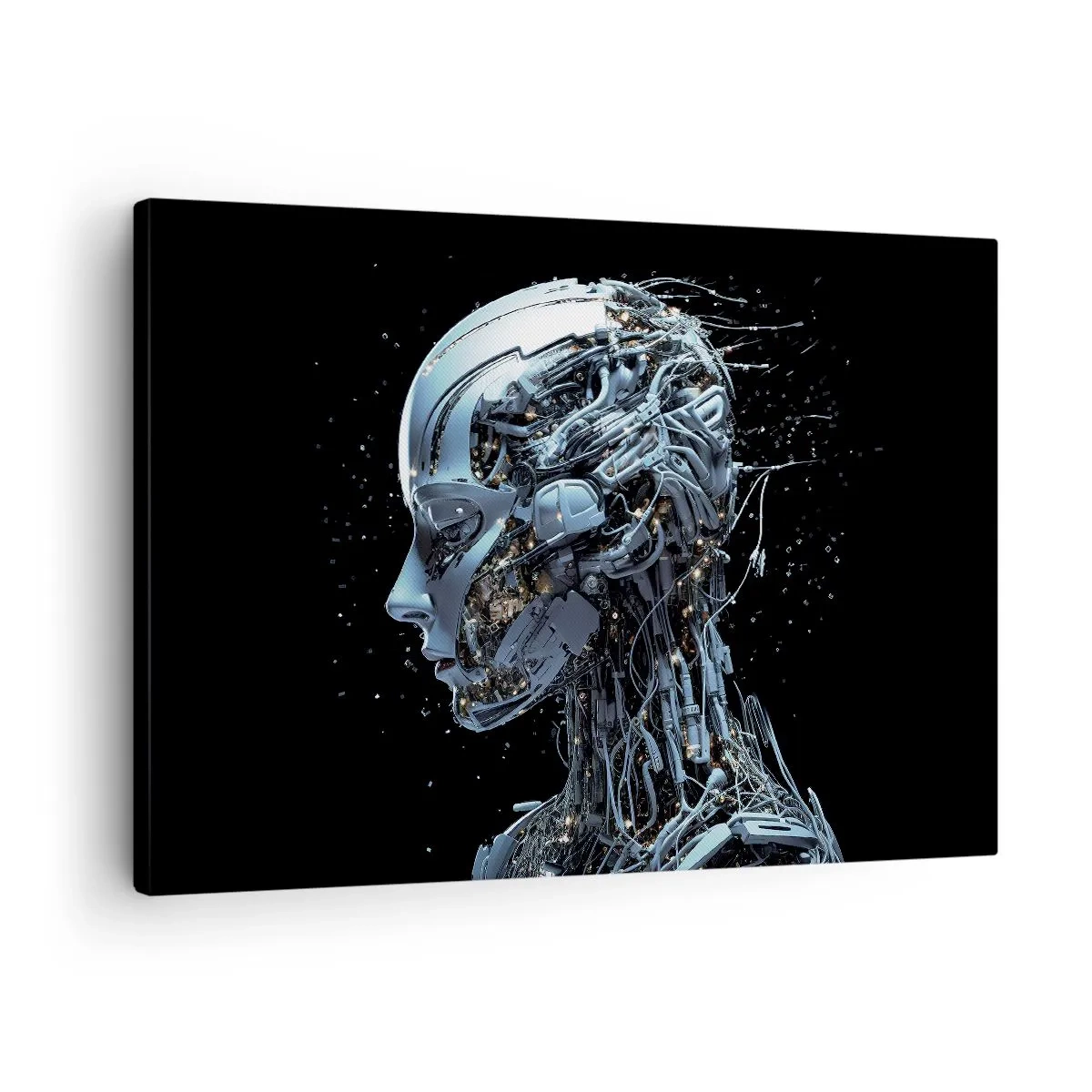 Canvas picture - Futuristic portrait of a cyborg in an industrial style on a black background. - 70x50cm - Technology Is a Woman - Modern wall decoration for the living room and bedroom ARTTOR