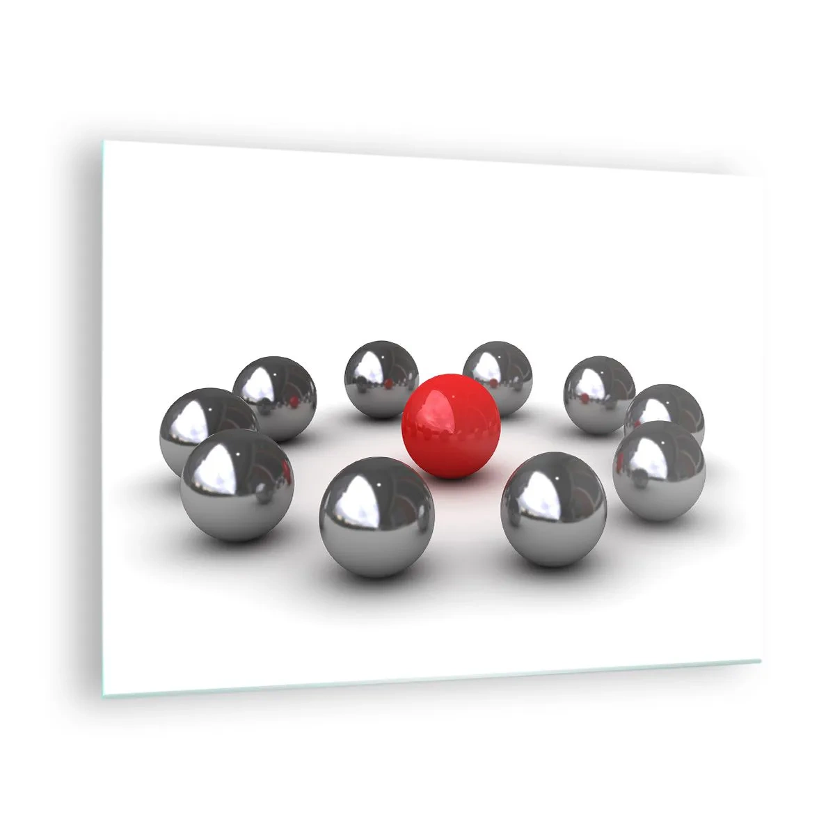 Glass picture - A red ball surrounded by silver on a white background - 70x50cm - Circle in Silver and Red - Modern wall decoration for the living room and bedroom ARTTOR