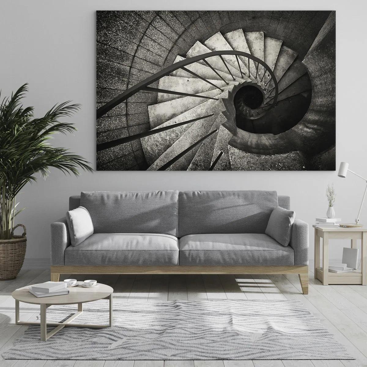 Glass picture - A black and white spiral staircase from a bird's eye view - 70x50cm - Up the Stairs and Down the Stairs - Modern wall decoration for the living room and bedroom ARTTOR