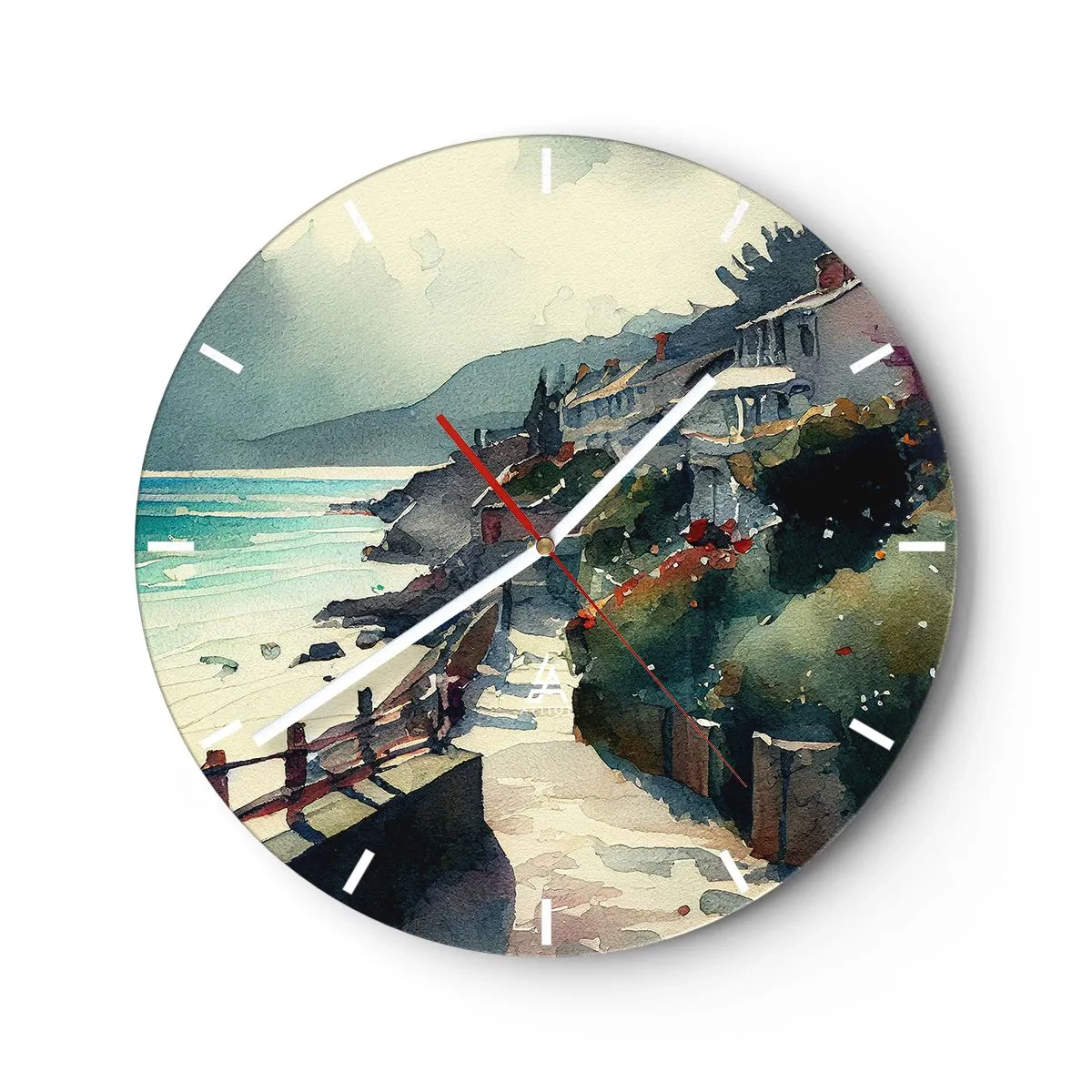Wall clock - Clock on glass - A coastal path leading through Mediterranean buildings with sea views - 30x30cm - Mediterranean Town - Modern wall decoration for the living room, kitchen, and bedroom ARTTOR