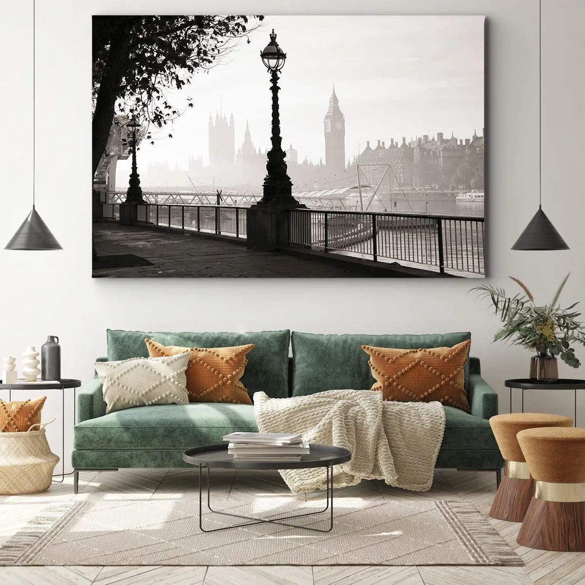 Canvas picture - A monochromatic view of Big Ben and the Thames. - 70x50cm - London Morning - Modern wall decoration for the living room and bedroom ARTTOR