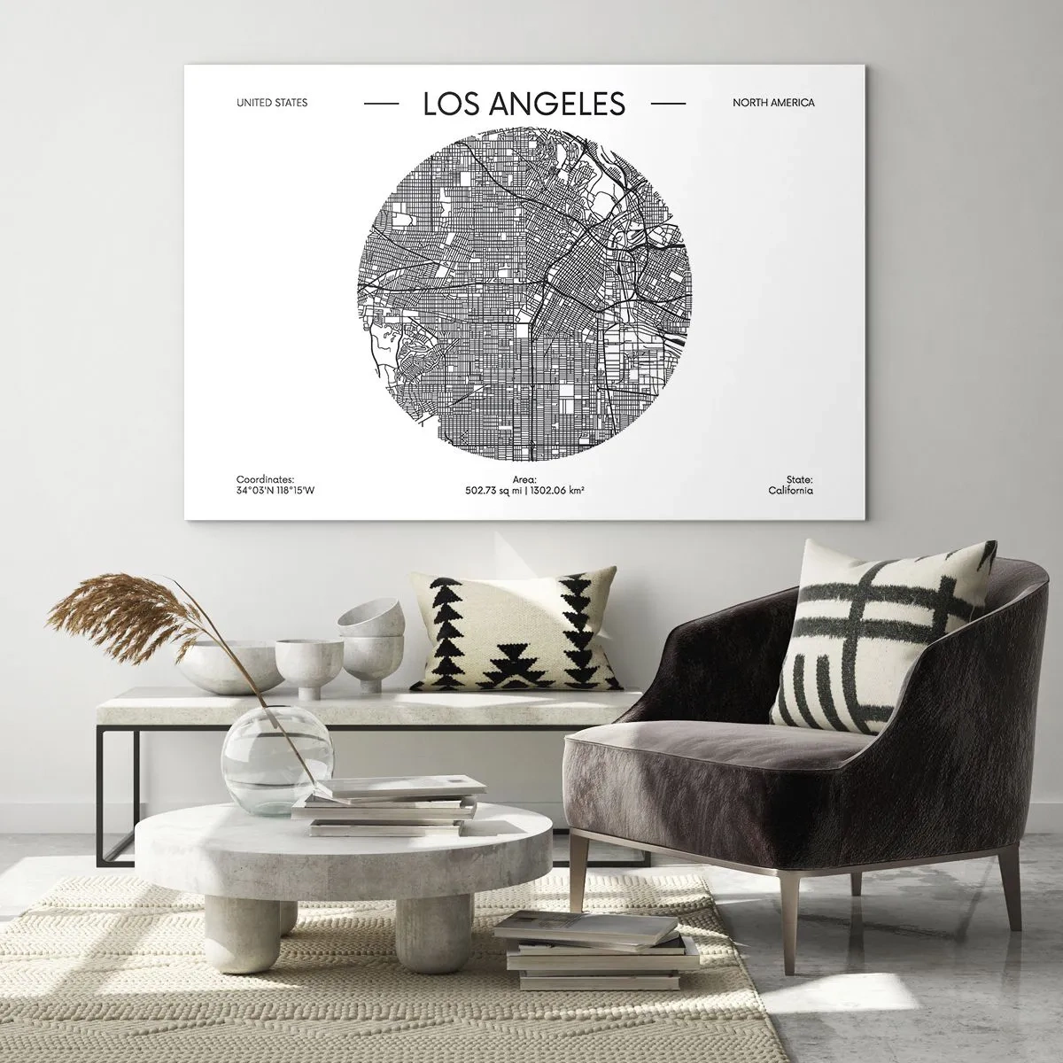 Glass picture - A minimalist black and white map of Los Angeles. - 70x50cm - Anatomy of Los Angeles - Modern wall decoration for the living room and bedroom ARTTOR