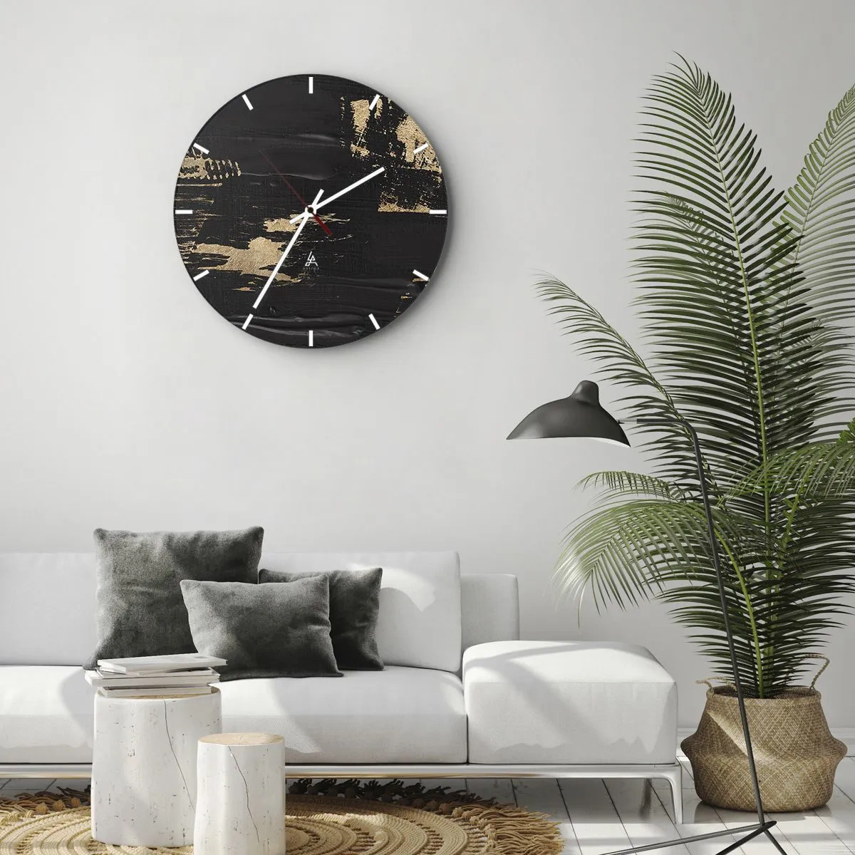 Wall clock - Clock on glass - Black background with dynamic gold paint strokes - 30x30cm - Touch Mark - Modern wall decoration for the living room, kitchen, and bedroom ARTTOR