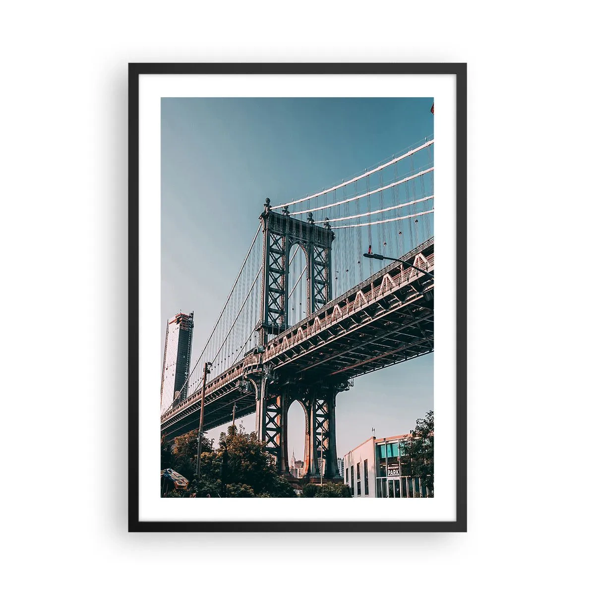Poster in black frame - A suspension bridge in a modern city against a blue sky - 50x70cm - Over the City Waves - Modern wall decoration for the living room and bedroom ARTTOR