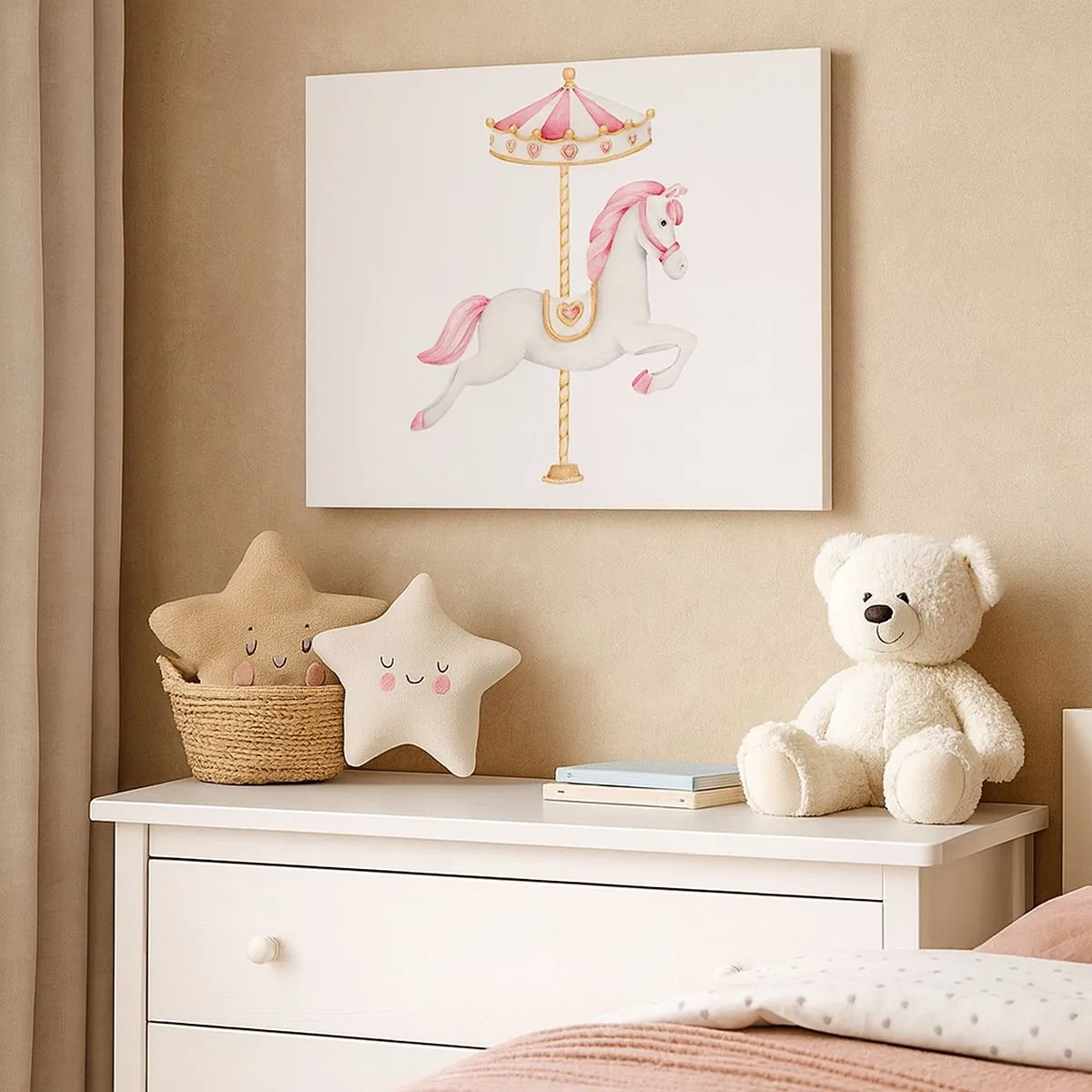 Canvas picture - A carousel horse in pastel shades of pink - 70x50cm - Off the Hoofs - Modern wall decoration for the living room and bedroom ARTTOR