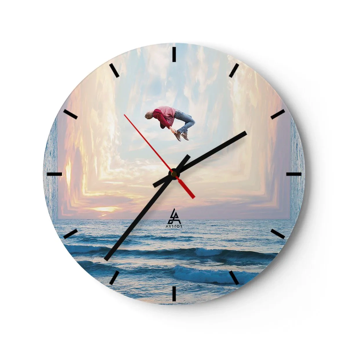Wall clock - Clock on glass - A jumping figure by the sea in a surreal landscape - 30x30cm - To Another Dimension - Modern wall decoration for the living room, kitchen, and bedroom ARTTOR