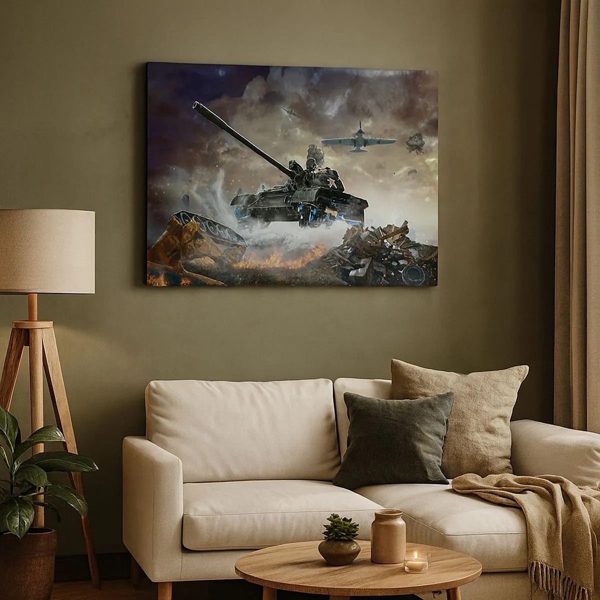 Canvas picture - Battle scene with tanks and planes in the background - 70x50cm - Battle Is Scary and Beautiful - Modern wall decoration for the living room and bedroom ARTTOR