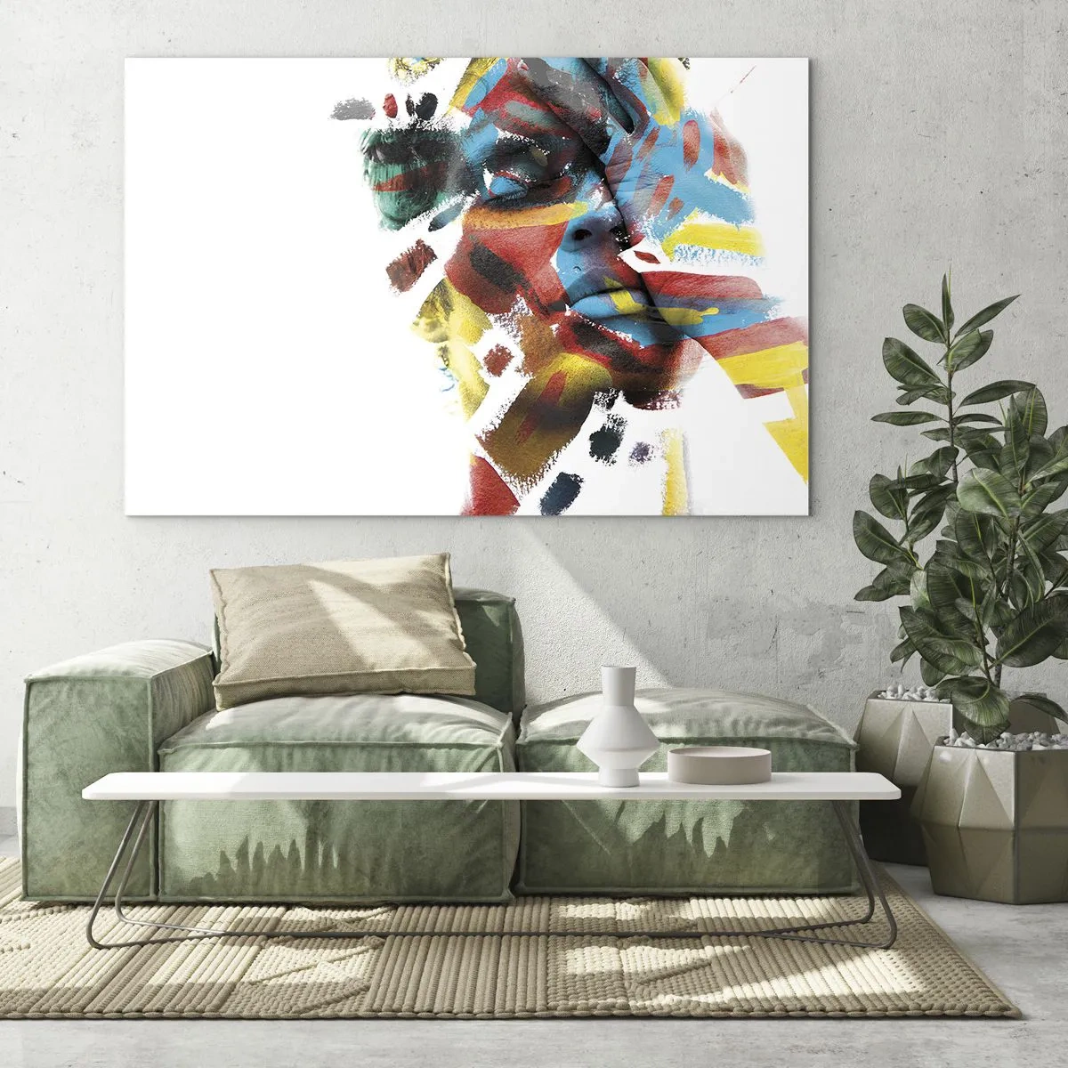 Glass picture - Portrait with abstract, colorful accents on the face - 70x50cm - Colourful Personality - Modern wall decoration for the living room and bedroom ARTTOR