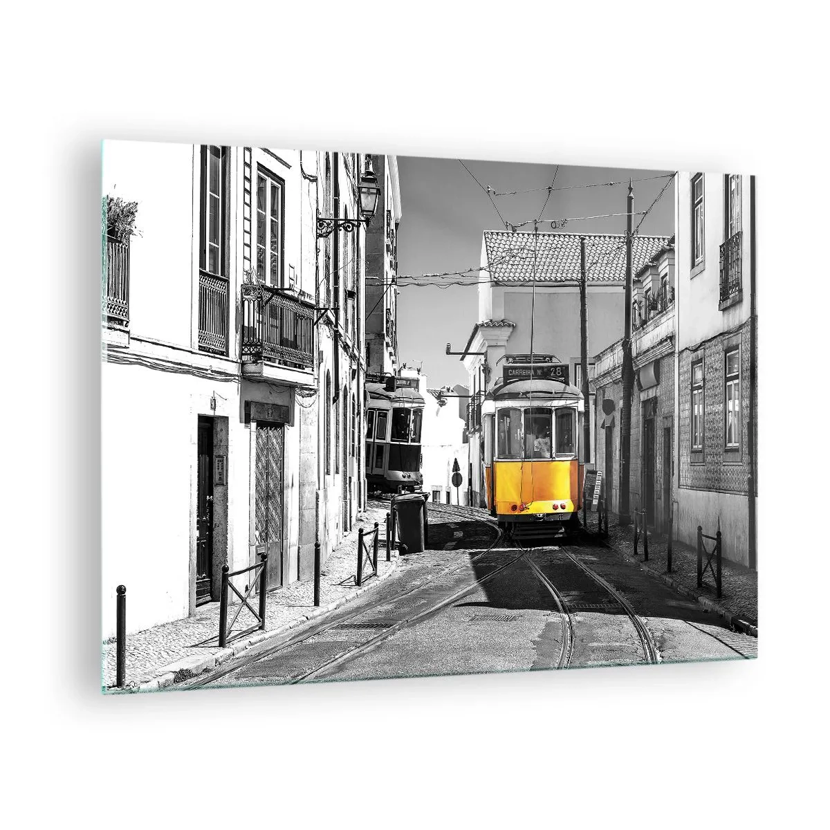 Glass picture - A yellow tram on a black and white street in a European city. - 70x50cm - Spirit of Lisbon - Modern wall decoration for the living room and bedroom ARTTOR