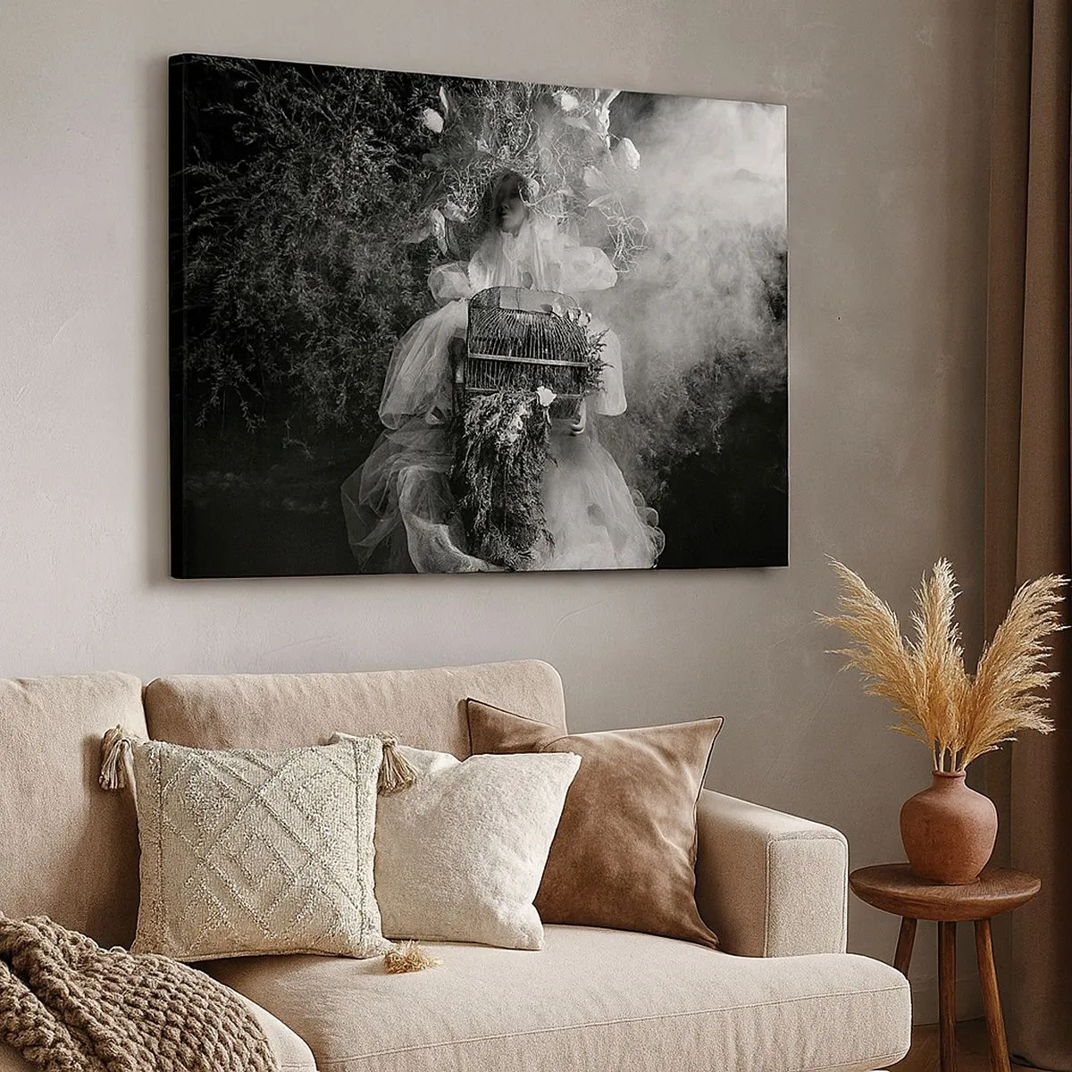 Canvas picture - A black and white composition with a figure in a dress and a cage in the fog. - 70x50cm - Mother Nature - Modern wall decoration for the living room and bedroom ARTTOR