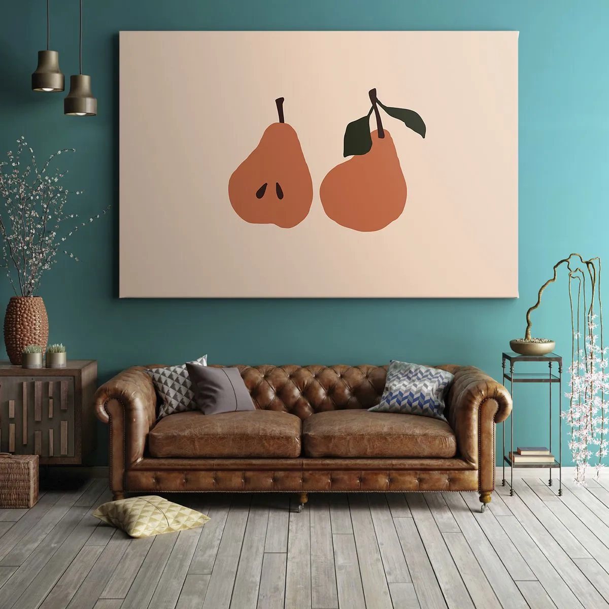Canvas picture - A minimalist illustration of two pears on a beige background. - 70x50cm - Overly Sweet - Modern wall decoration for the living room and bedroom ARTTOR