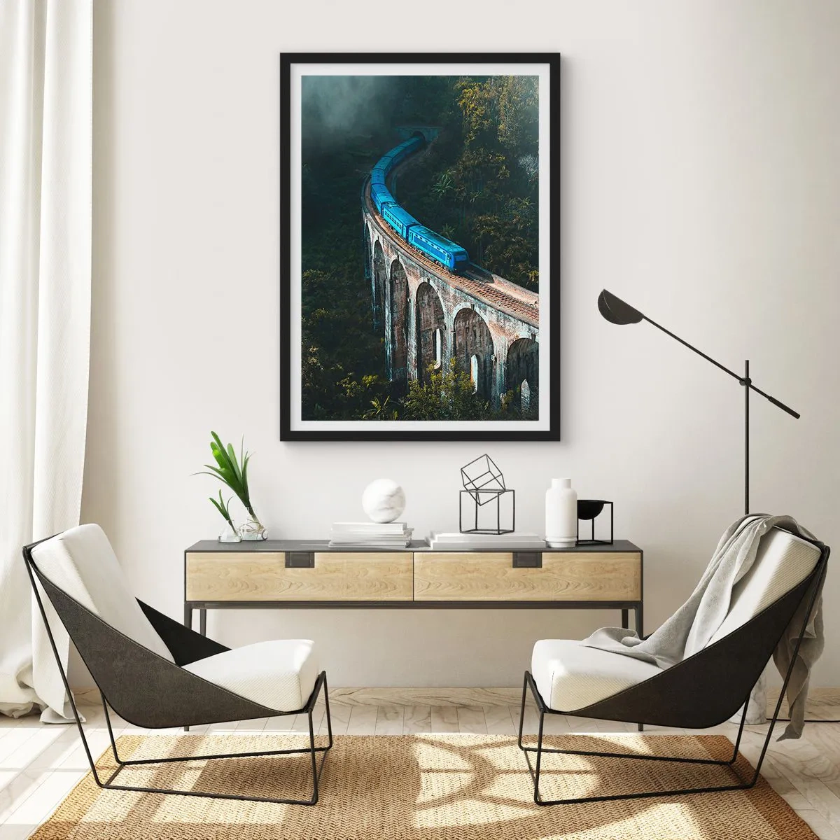 Poster in black frame - A blue train passing over a picturesque viaduct - 50x70cm - Train through Nature - Modern wall decoration for the living room and bedroom ARTTOR