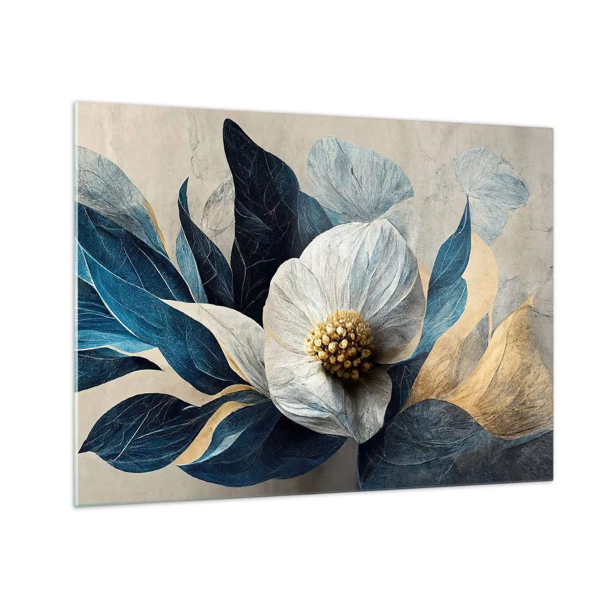 Glass picture - A white floral arrangement with navy blue leaves and a gold center - 70x50cm - With a Heart of Gold - Modern wall decoration for the living room and bedroom ARTTOR
