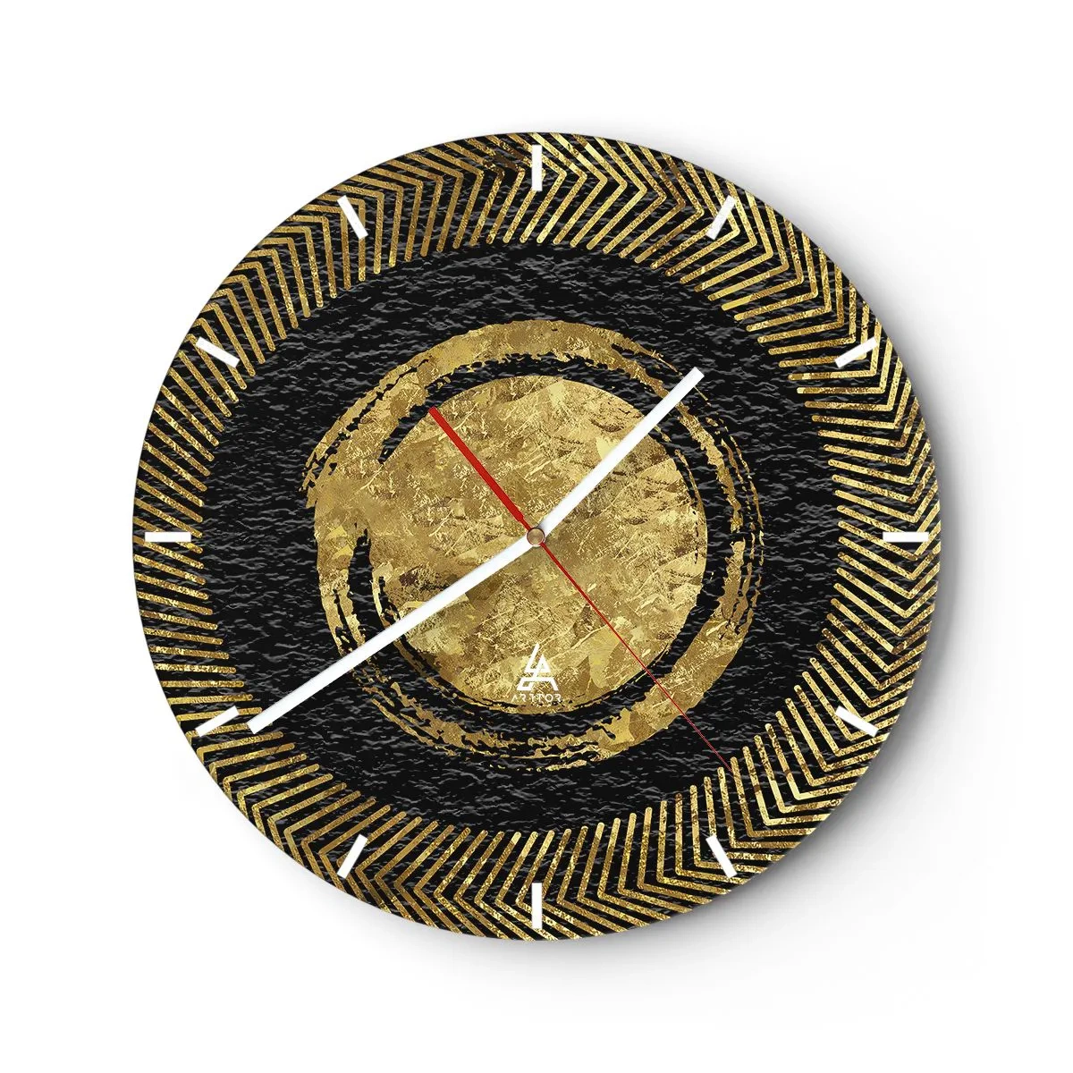 Wall clock - Clock on glass - Golden geometric patterns on a black background in a glamorous style - 30x30cm - Composition Glamour - Modern wall decoration for the living room, kitchen, and bedroom ARTTOR