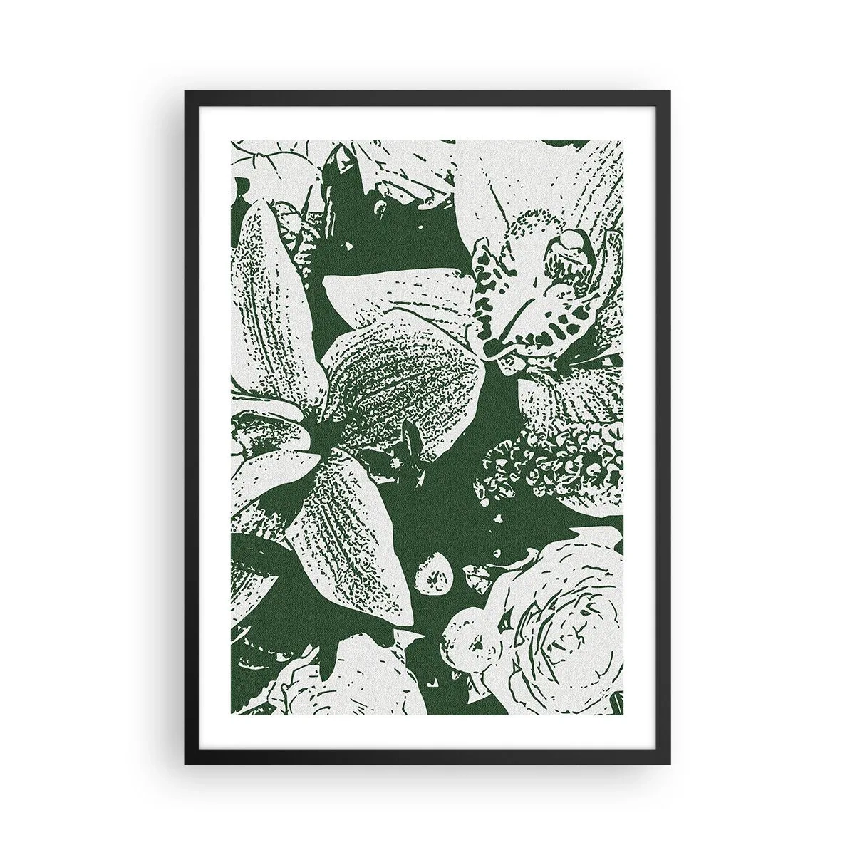 Poster in black frame - Botanical illustration of flowers and leaves in contrasting colors - 50x70cm - Bouquet - Green World - Modern wall decoration for the living room and bedroom ARTTOR