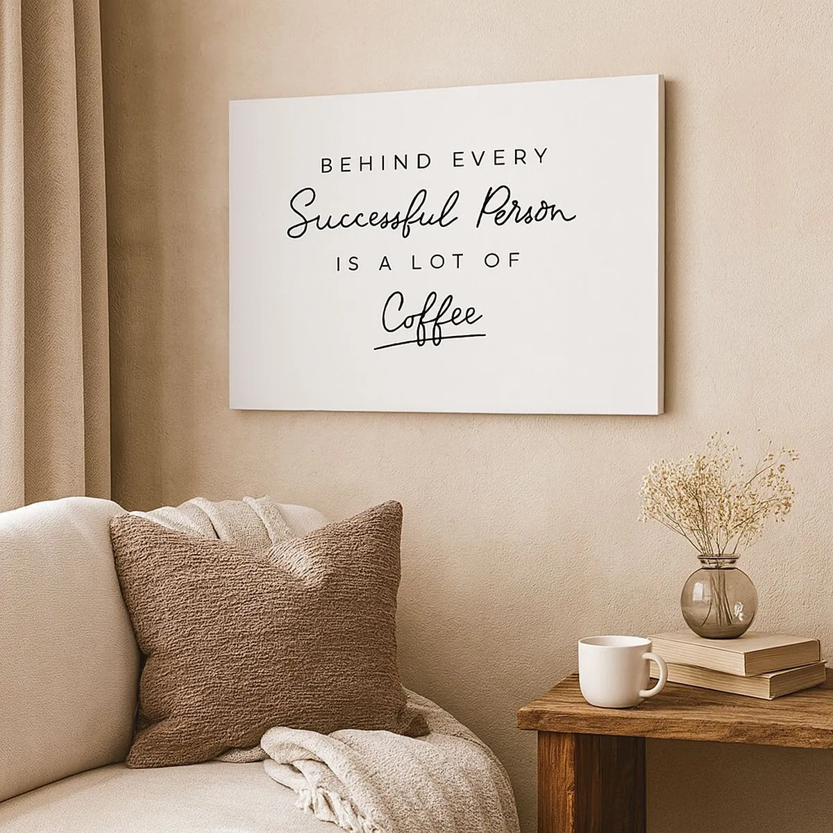 Canvas picture - A minimalist quote about success and coffee on a white background. - 70x50cm - Secret of Success - Modern wall decoration for the living room and bedroom ARTTOR