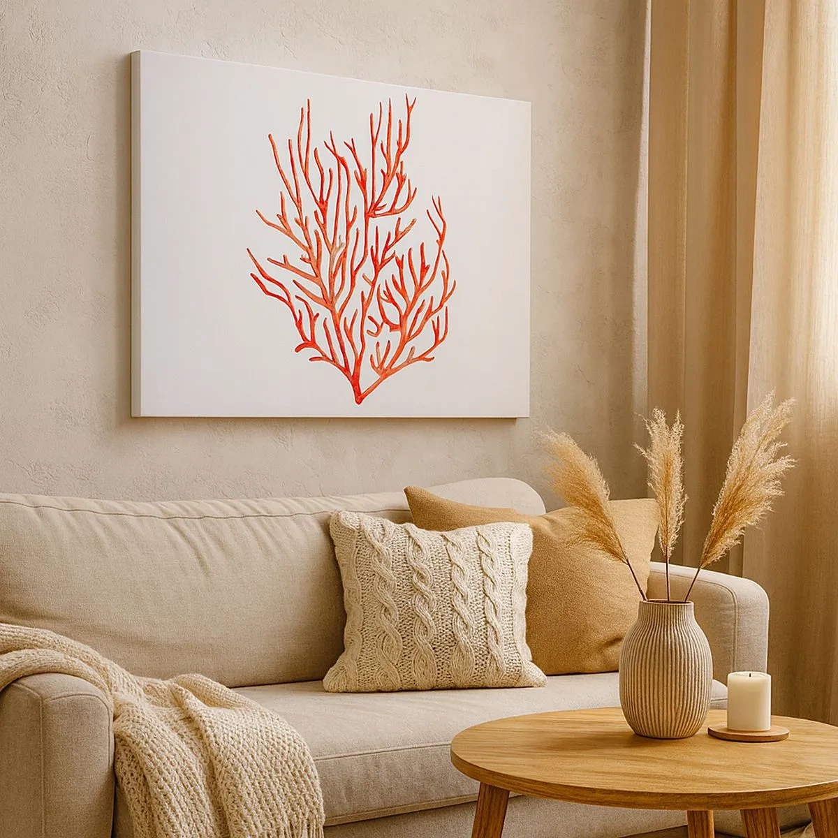 Canvas picture - Red coral on a white background in a minimalist style - 70x50cm - Coral Filigree - Modern wall decoration for the living room and bedroom ARTTOR