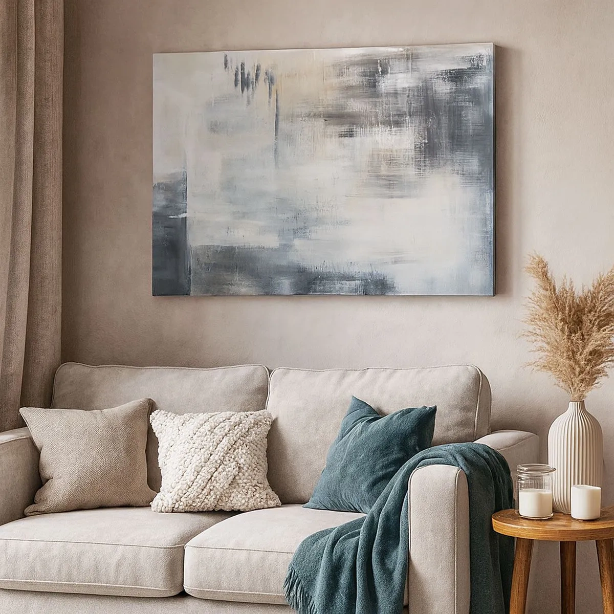 Canvas picture - Abstract composition in shades of blue and gray - 70x50cm - Behind the Curtain of Blue - Modern wall decoration for the living room and bedroom ARTTOR