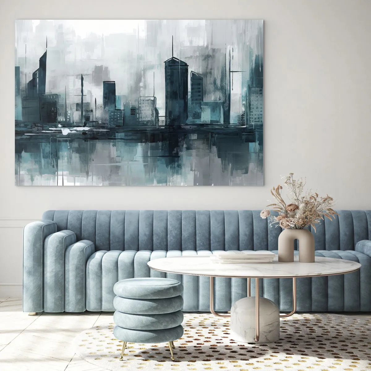 Glass picture - A modern city in shades of blue and gray - 70x50cm - City in the Colour of Rain - Modern wall decoration for the living room and bedroom ARTTOR