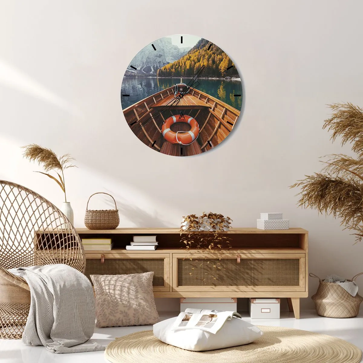 Wall clock - Clock on glass - View from the boat of a lake surrounded by mountains and forest - 30x30cm - Mountain Hike - Modern wall decoration for the living room, kitchen, and bedroom ARTTOR
