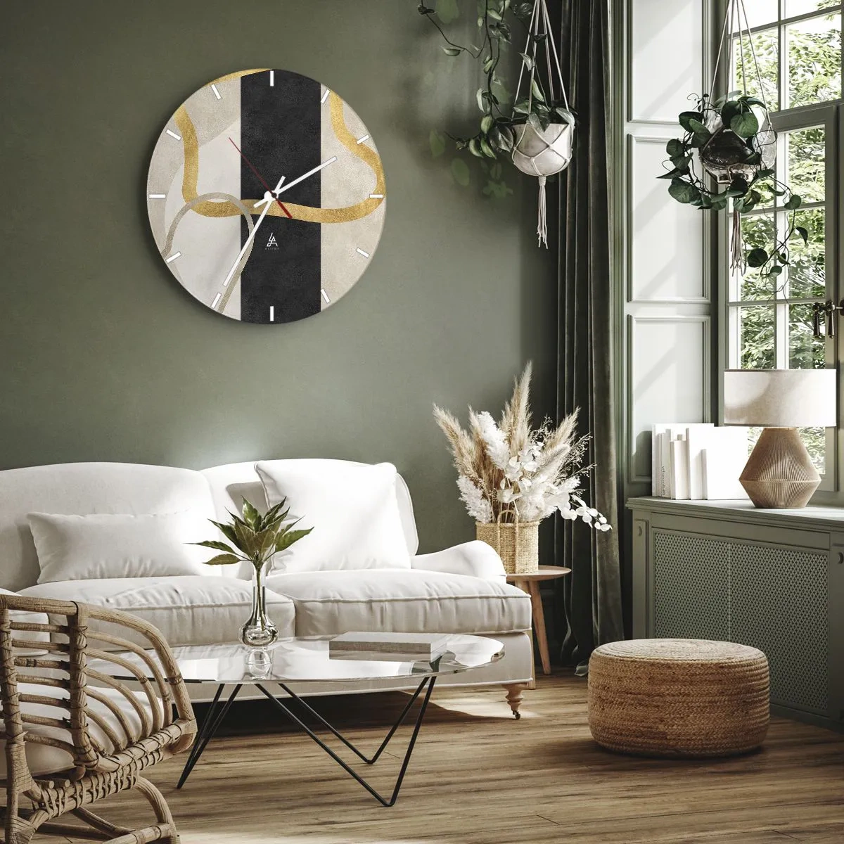 Wall clock - Clock on glass - Golden lines against a black stripe and beige shapes - 30x30cm - Shapes in Loops - Modern wall decoration for the living room, kitchen, and bedroom ARTTOR