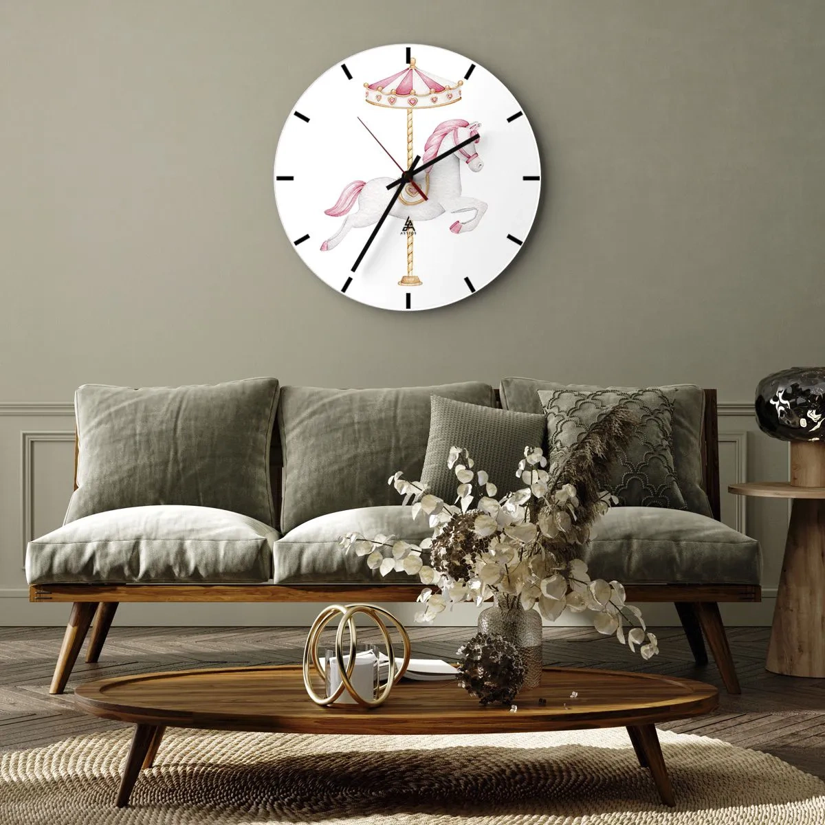 Wall clock - Clock on glass - A white carousel horse with a pink saddle on a white background - 30x30cm - Off the Hoofs - Modern wall decoration for the living room, kitchen, and bedroom ARTTOR
