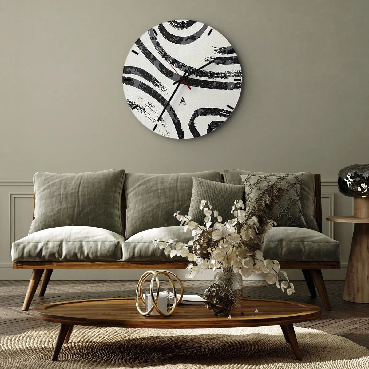 Wall clock - Clock on glass - Black and gray arcs on a light background in a minimalist style - 30x30cm - Stopped Half Way - Modern wall decoration for the living room, kitchen, and bedroom ARTTOR