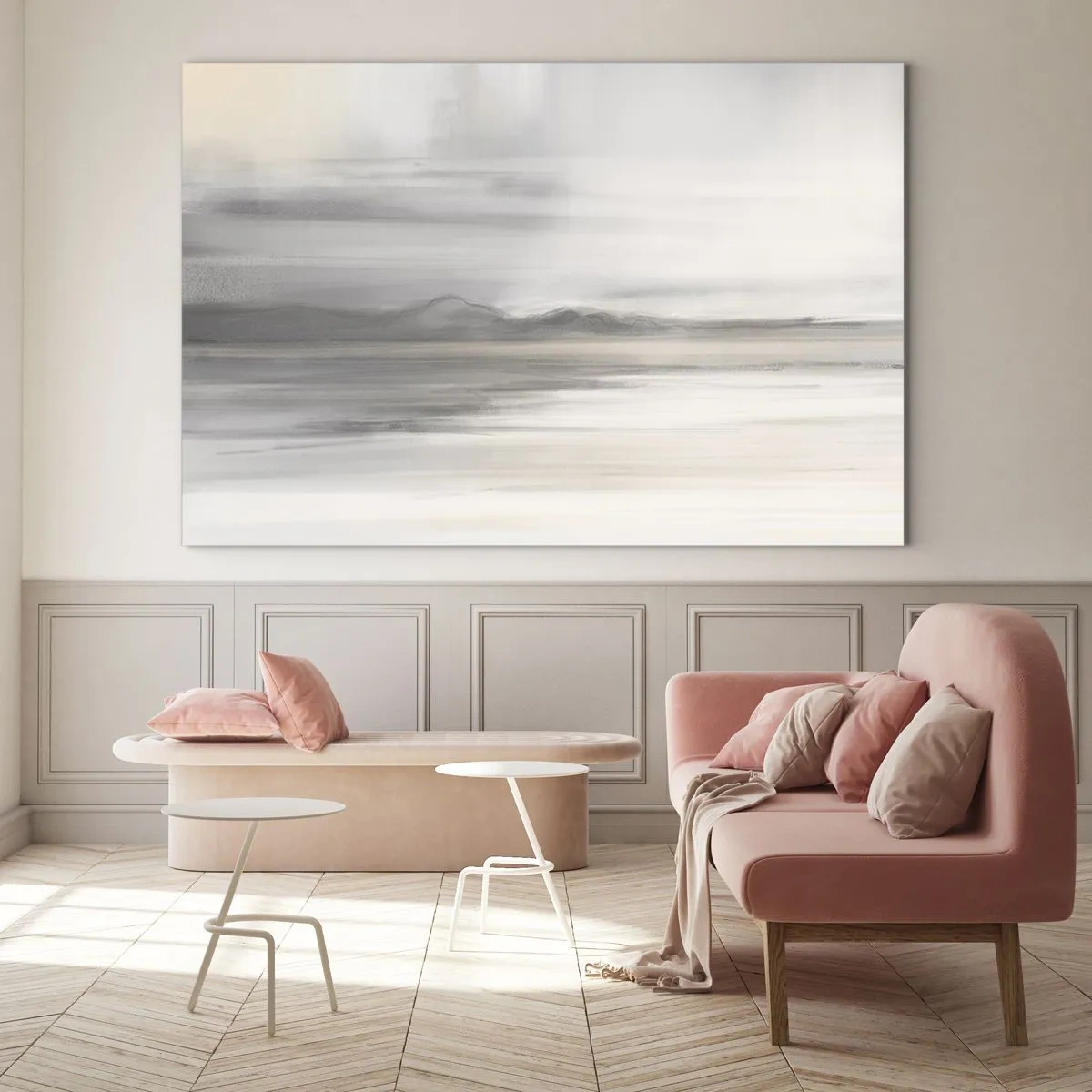 Glass picture - A delicate, blurred mountain panorama in pastel-gray tones - 70x50cm - Thoughtful Distance - Modern wall decoration for the living room and bedroom ARTTOR