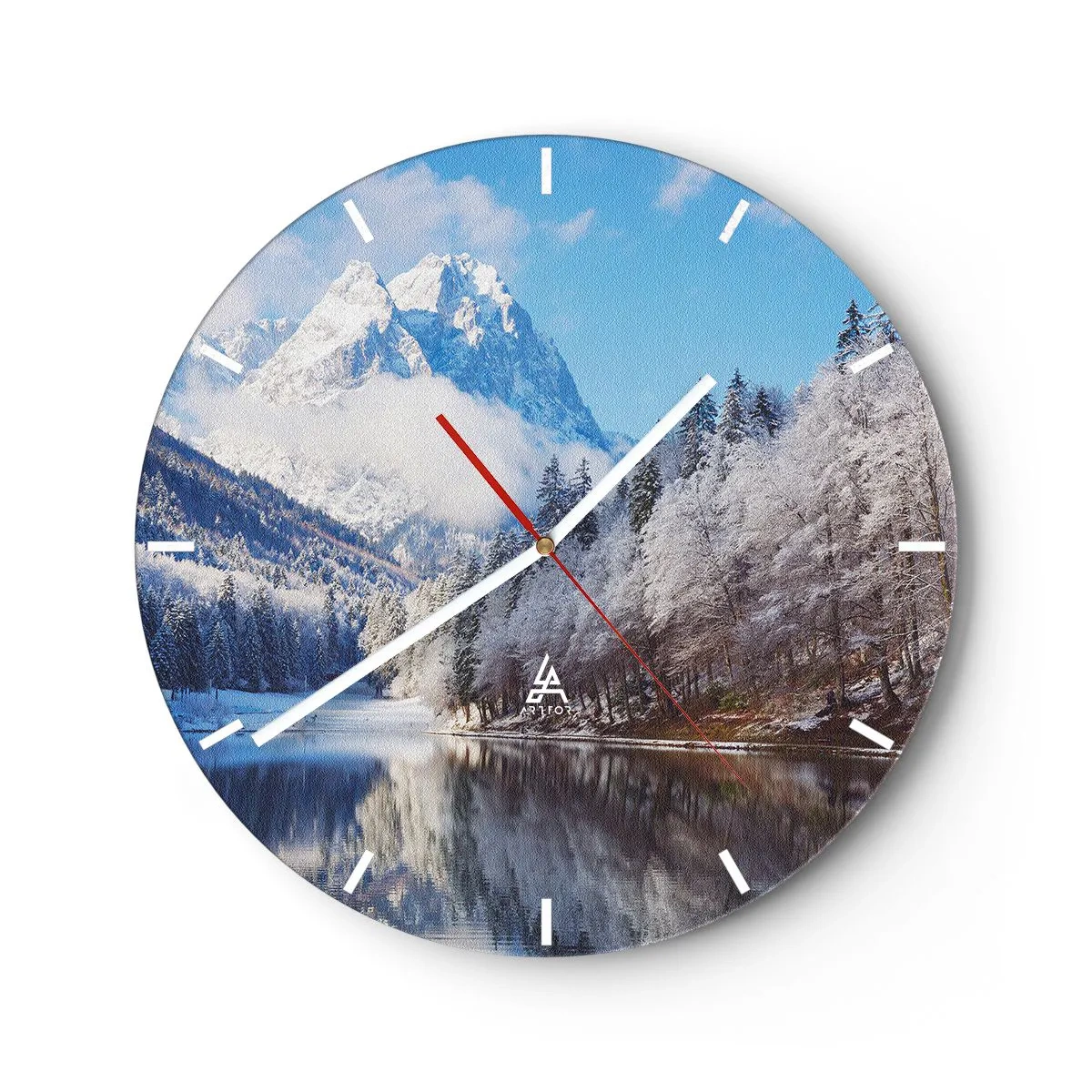 Wall clock - Clock on glass - Winter mountains reflected in a calm lake - 30x30cm - Snow Patrol - Modern wall decoration for the living room, kitchen, and bedroom ARTTOR