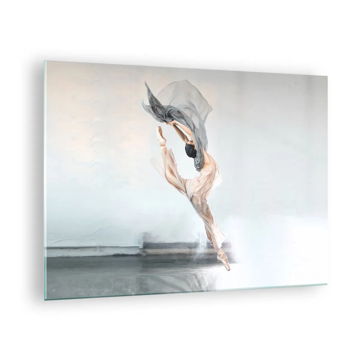 Glass picture - A ballerina performs a dynamic jump in soft light. - 70x50cm - In Dancing Exaltation - Modern wall decoration for the living room and bedroom ARTTOR