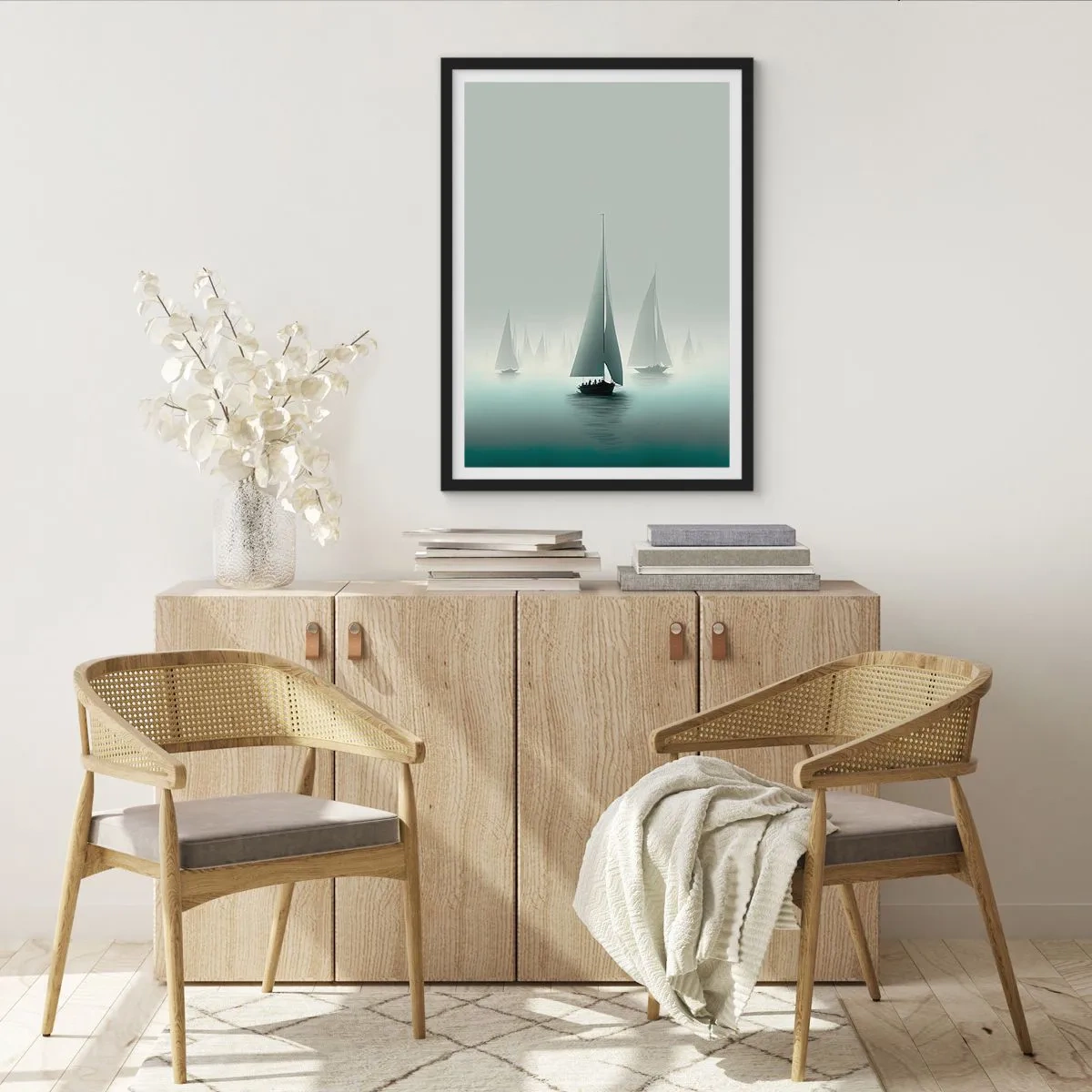Poster in black frame - A group of sailboats sailing on a misty sea, surrounded by calm waters. - 50x70cm - Built from Fog - Modern wall decoration for the living room and bedroom ARTTOR