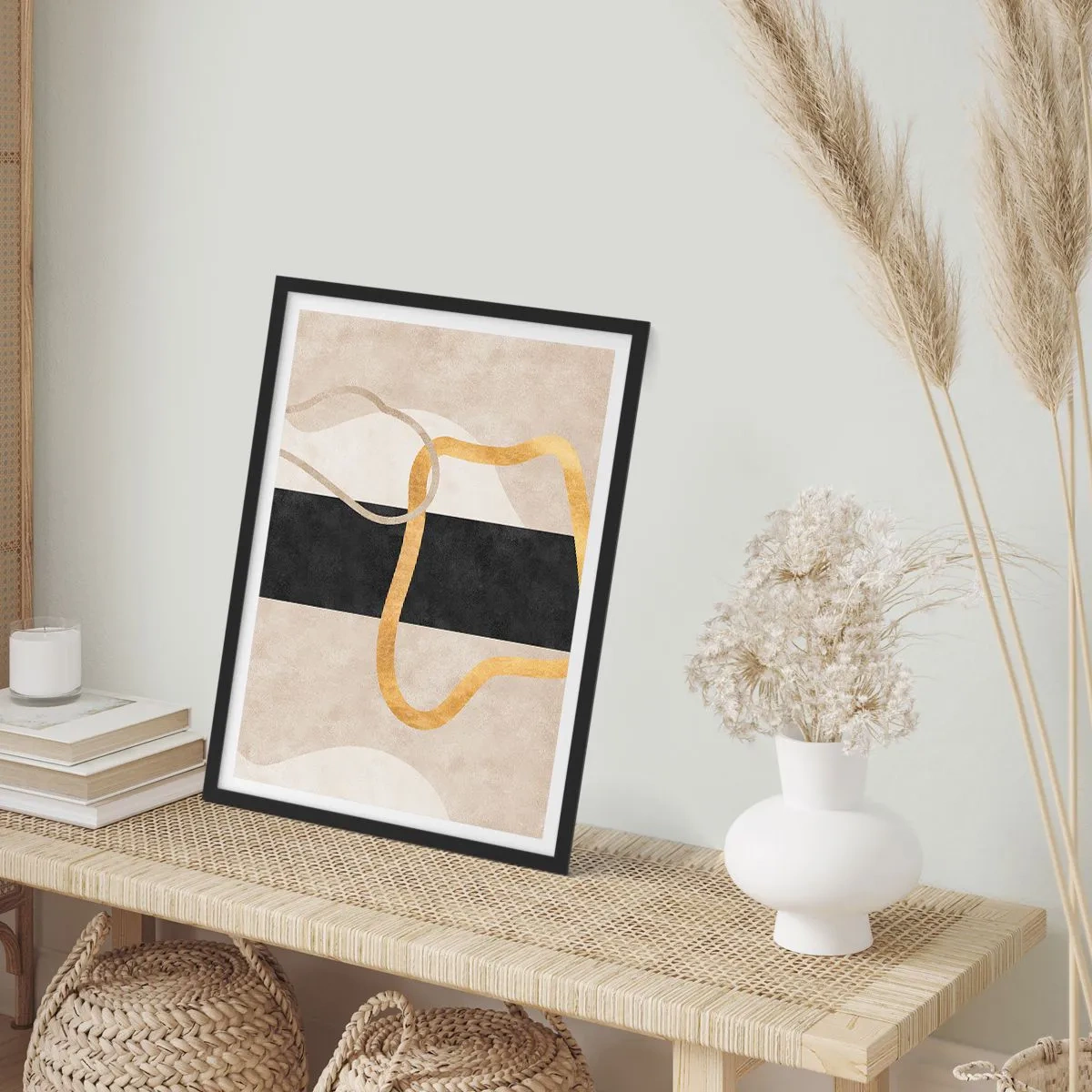 Poster in black frame - Abstract composition with black, gold and a neutral background - 50x70cm - Shapes in Loops - Modern wall decoration for the living room and bedroom ARTTOR