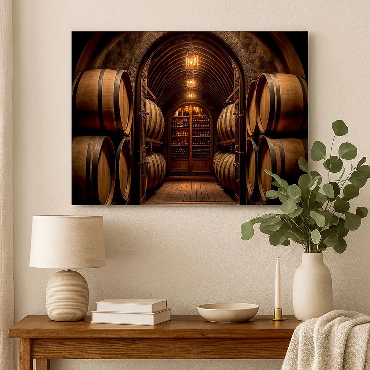 Canvas picture - Wine cellar with wooden barrels and wine shelves - 70x50cm - Atmospheric Cellar - Modern wall decoration for the living room and bedroom ARTTOR