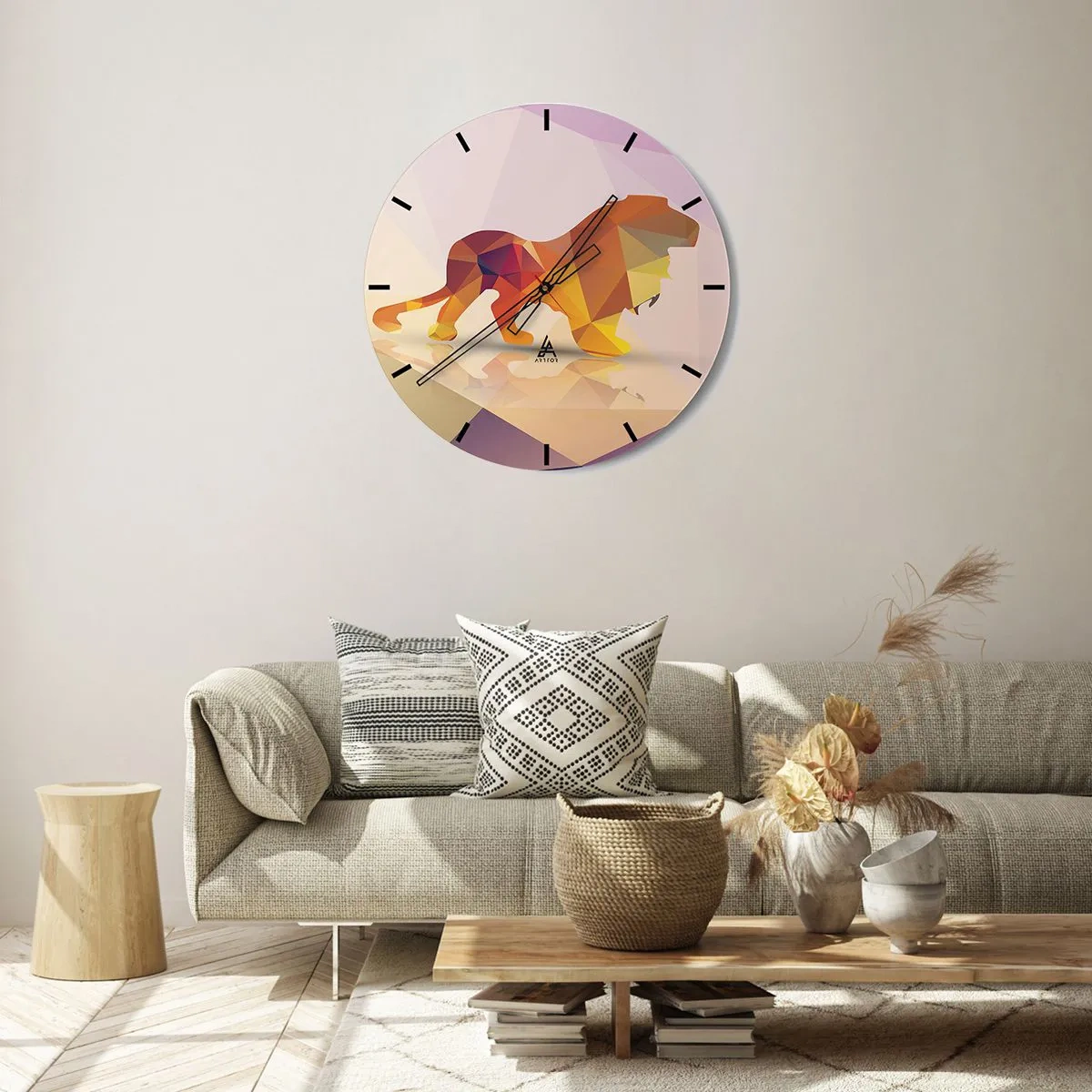 Wall clock - Clock on glass - Geometric lion in shades of yellow and purple - 30x30cm - Diamond King - Modern wall decoration for the living room, kitchen, and bedroom ARTTOR