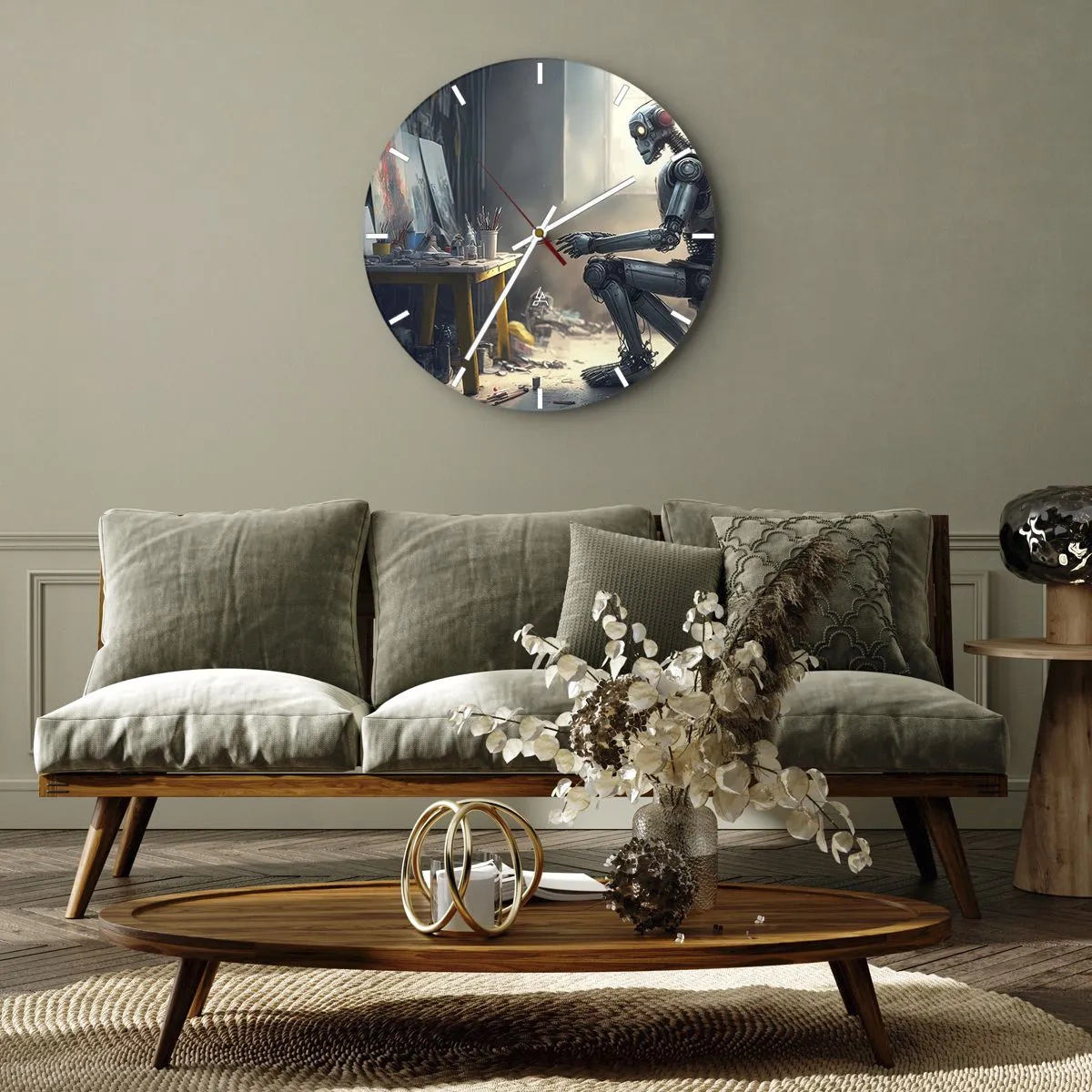 Wall clock - Clock on glass - A robot at a painting table in an art studio - 30x30cm - Act of Creation - Modern wall decoration for the living room, kitchen, and bedroom ARTTOR