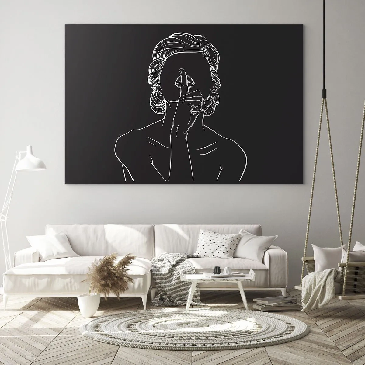 Glass picture - A minimalist silhouette of a woman making a gesture of silence. - 70x50cm - Beauty Blossoms in Soul - Modern wall decoration for the living room and bedroom ARTTOR