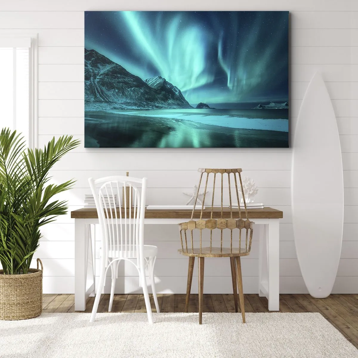 Canvas picture - Aurora Borealis over a mountainous winter landscape - 70x50cm - Miracles of the North - Modern wall decoration for the living room and bedroom ARTTOR