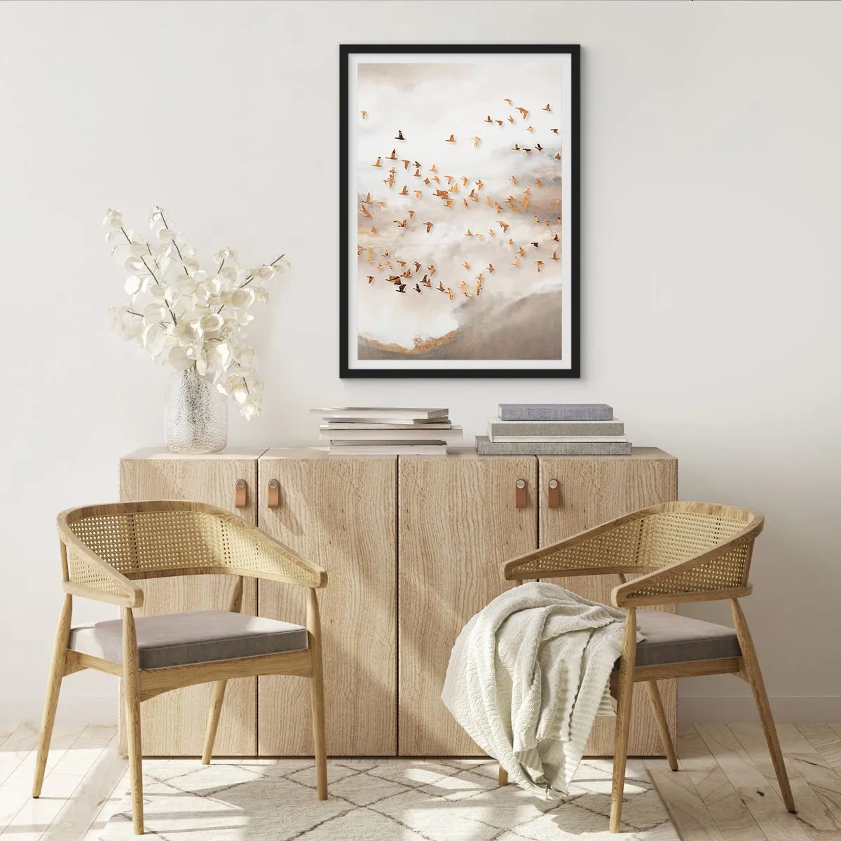Poster in black frame - A flock of birds floating among the misty clouds - 50x70cm - It Is Time - Modern wall decoration for the living room and bedroom ARTTOR