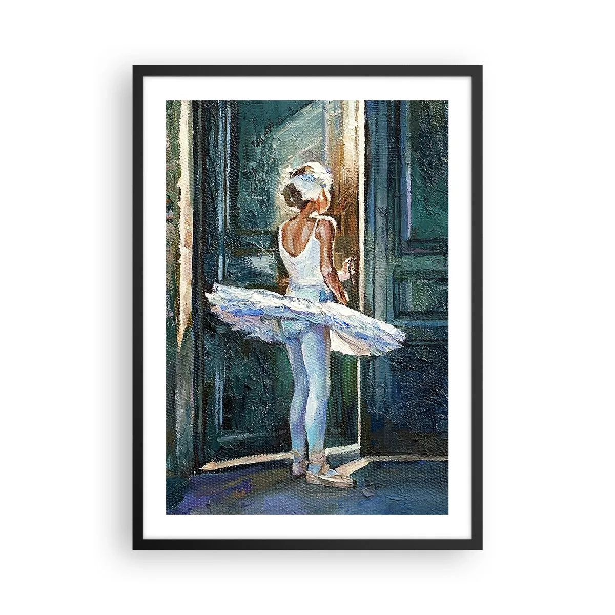 Poster in black frame - Ballerina in the light of a door in an impressionist style - 50x70cm - Before the Stunt - Modern wall decoration for the living room and bedroom ARTTOR